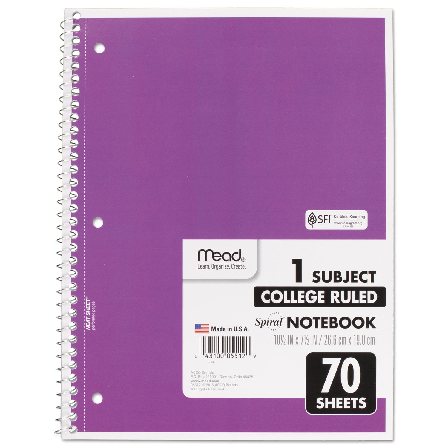 Mead® Spiral Notebook, 3-Hole Punched, 1-Subject, Medium/College Rule, Randomly Assorted Cover Color, (70) 10.5 x 7.5 Sheets