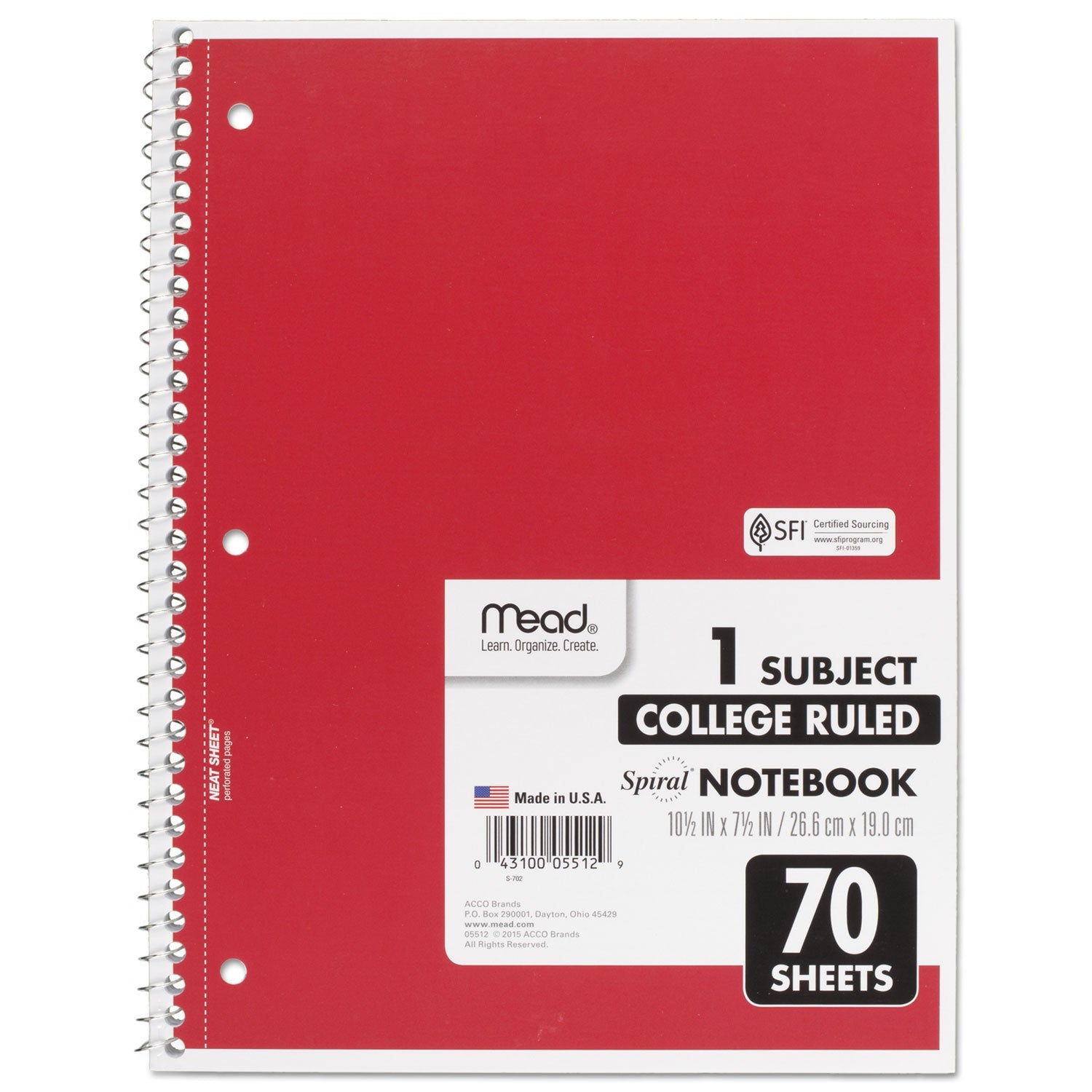 Mead® Spiral Notebook, 3-Hole Punched, 1-Subject, Medium/College Rule, Randomly Assorted Cover Color, (70) 10.5 x 7.5 Sheets