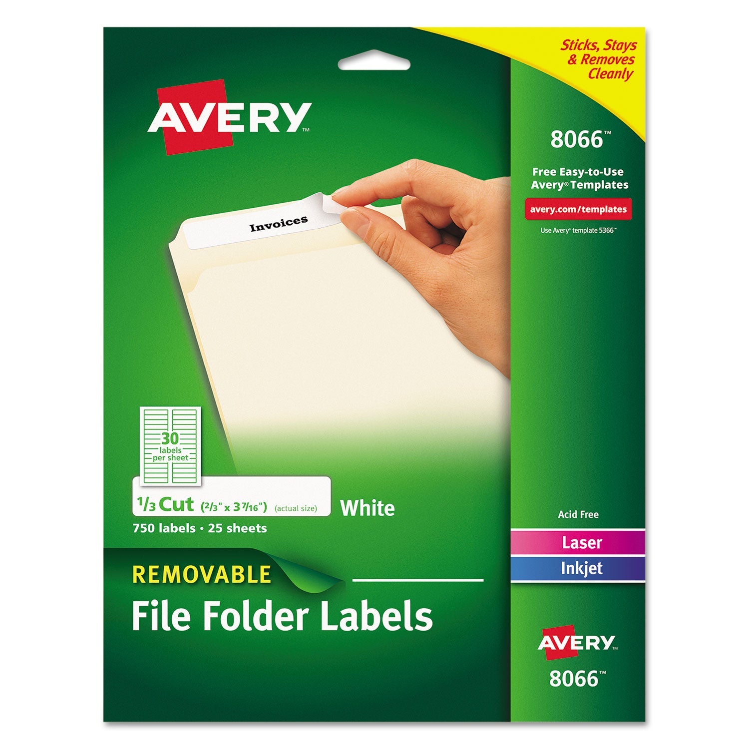Avery® Removable File Folder Labels With Sure Feed Technology, 0.66 X 3.44, White, 30/sheet, 25 Sheets/pack