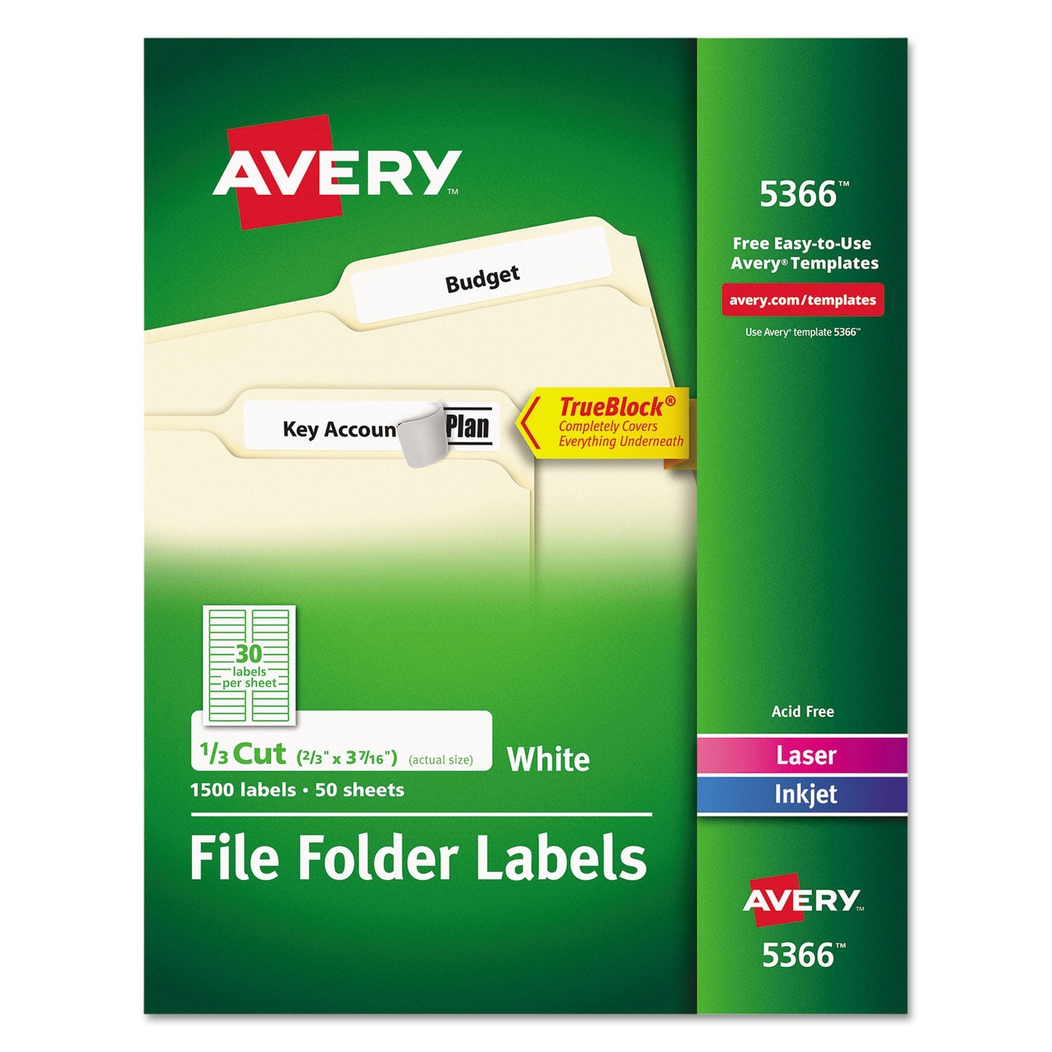 Avery® Permanent Trueblock File Folder Labels With Sure Feed Technology, 0.66 X 3.44, White, 30/sheet, 50 Sheets/box