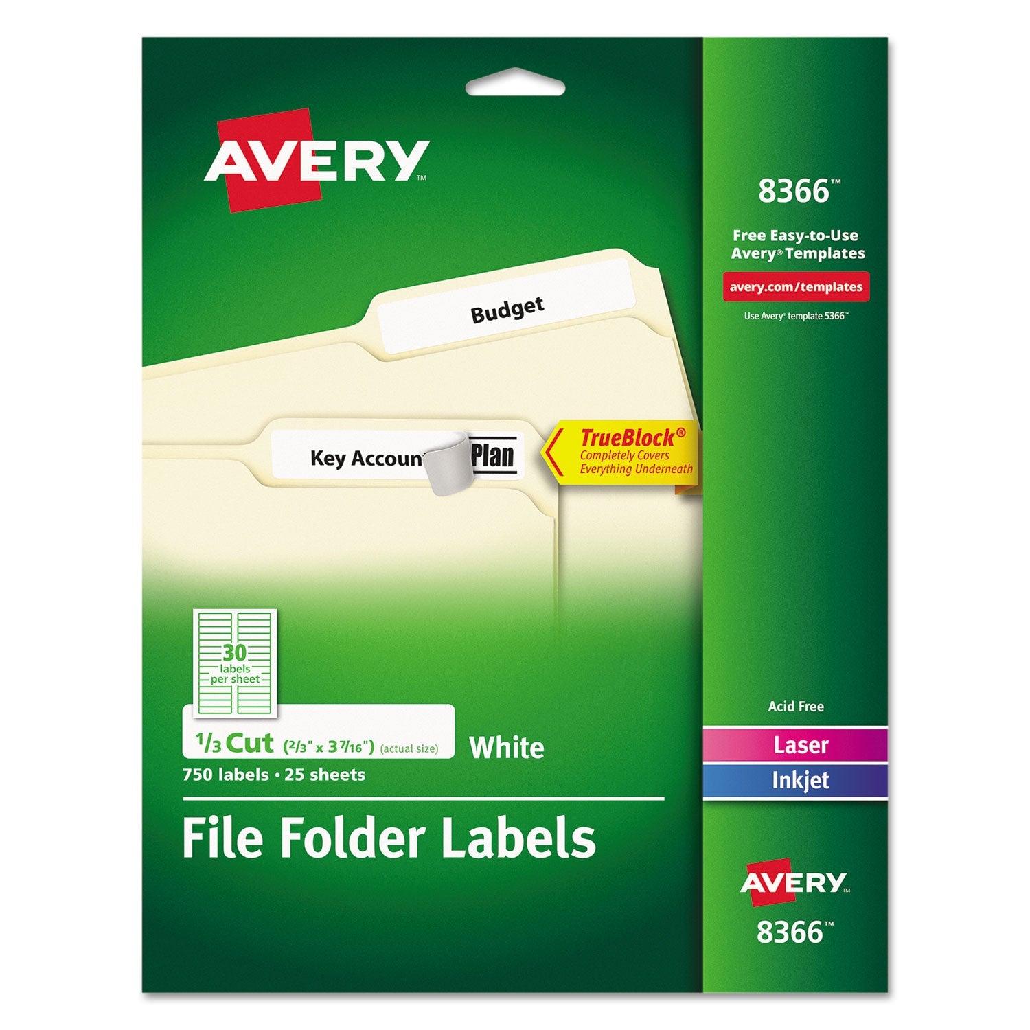 Avery® Permanent Trueblock File Folder Labels With Sure Feed Technology, 0.66 X 3.44, White, 30/sheet, 25 Sheets/pack