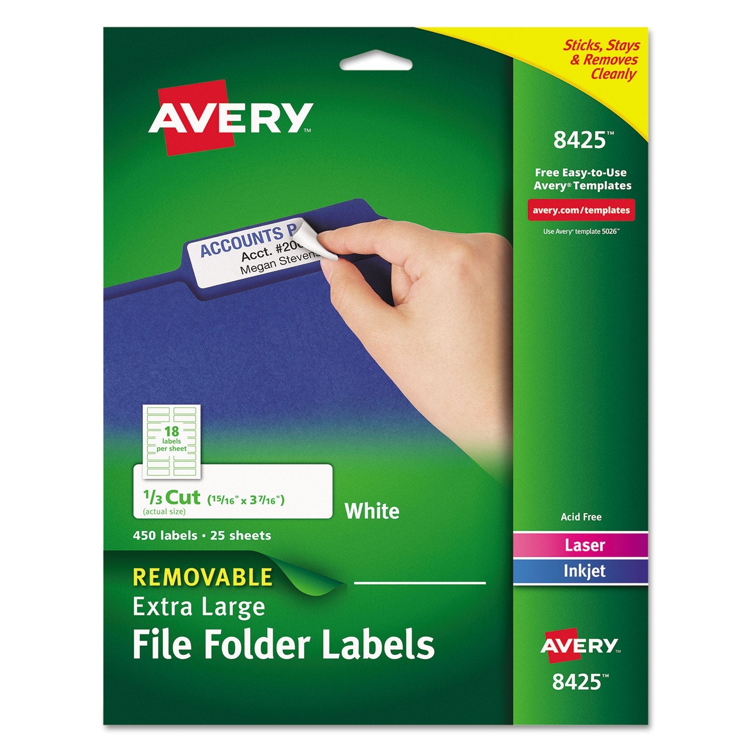Avery® Removable File Folder Labels With Sure Feed Technology, 0.94 X 3.44, White, 18/sheet, 25 Sheets/pack