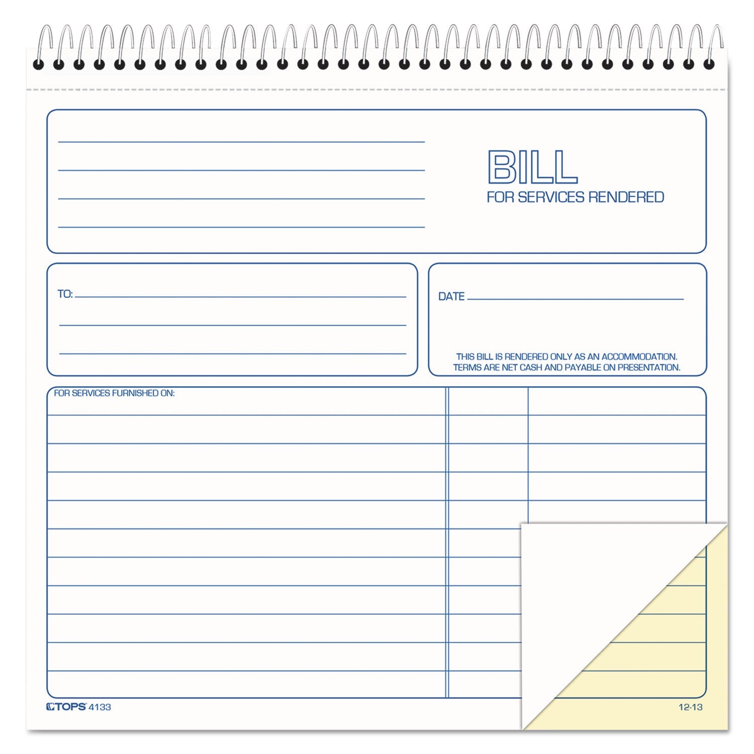 TOPS™ Bill for Services Rendered Book, Two-Part Carbonless, 8.5 x 7.75, 50 Forms Total