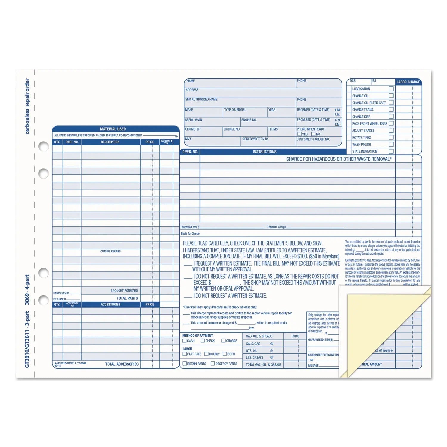 TOPS™ Auto Repair Four-Part Order Form, Four-Part Carbonless, 11 x 8.5, 50 Forms Total