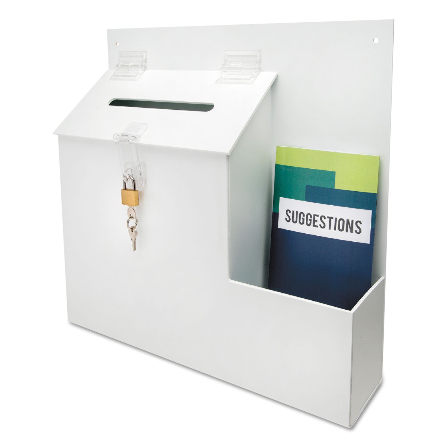 deflecto® Suggestion Box Literature Holder with Locking Top, 13.75 x 3.63 x 13.94, Plastic, White
