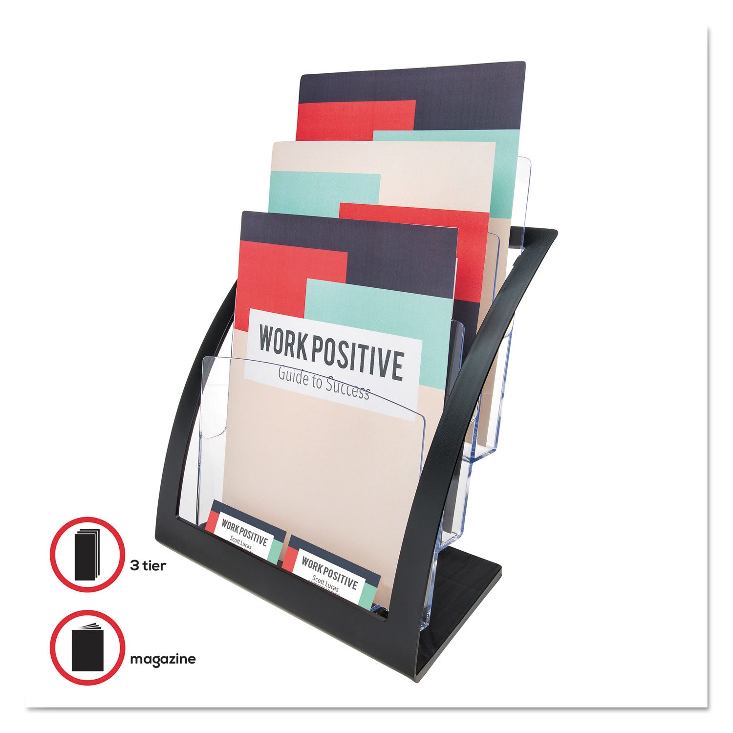 deflecto® 3-Tier Literature Holder, Leaflet Size, 11.25w x 6.94d x 13.31h, Black