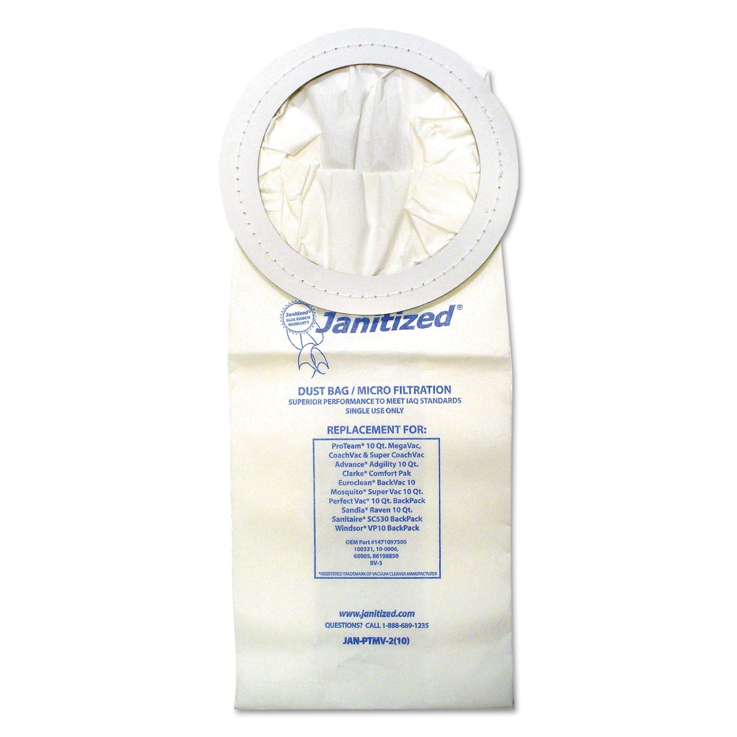 Janitized® Vacuum Filters Designed To Fit Most Commercial 10 Qt. Backpack Vacs, 10/pack