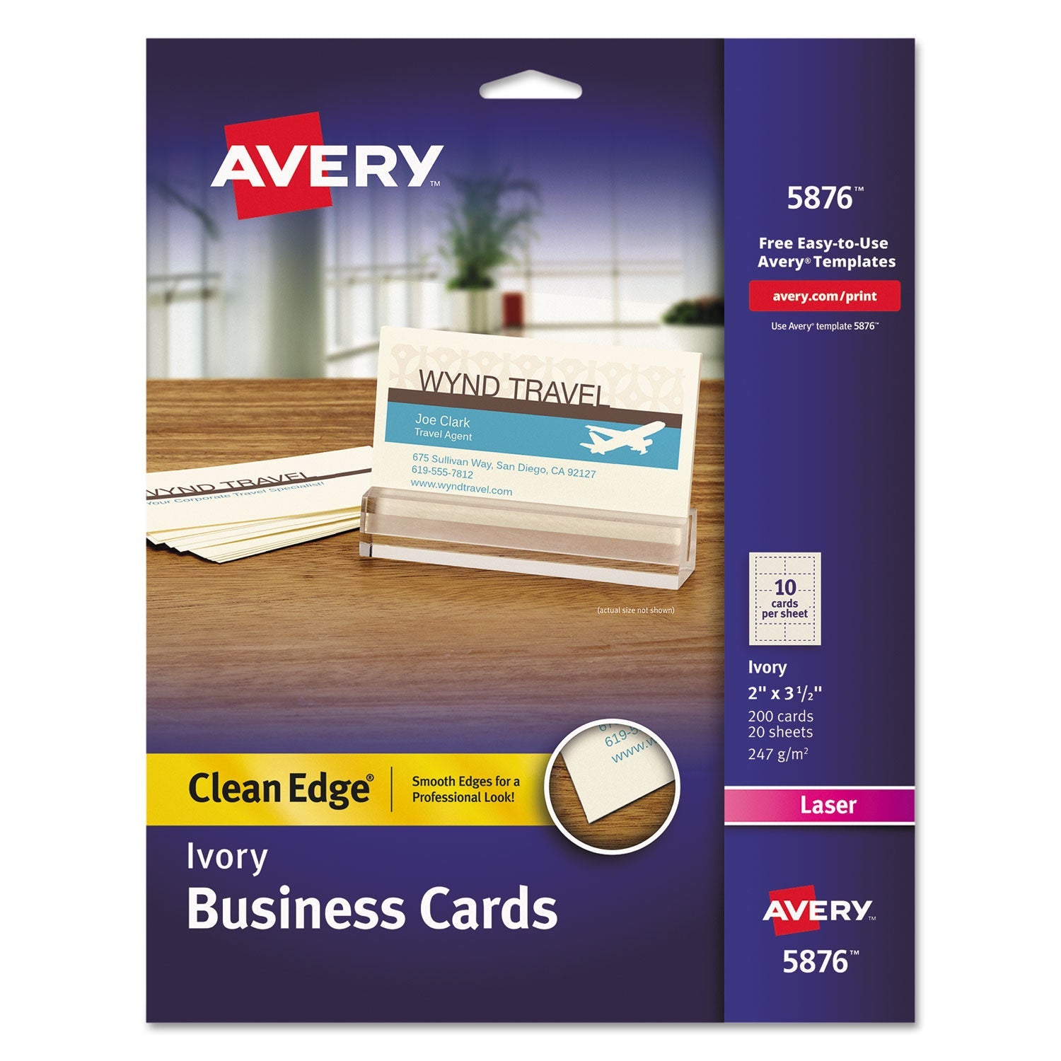 Avery® Clean Edge Business Cards, Laser, 2 X 3.5, Ivory, 200 Cards, 10 Cards/sheet, 20 Sheets/pack