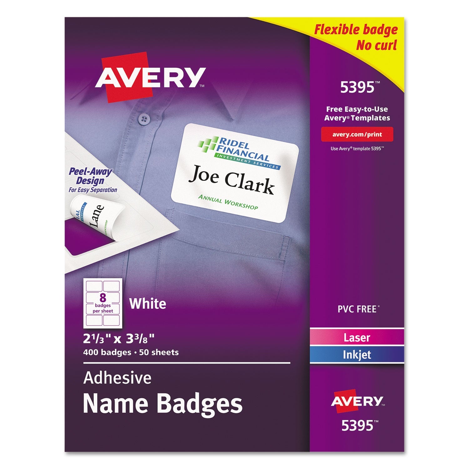 Avery® Flexible Adhesive Name Badge Labels, 3.38 X 2.33, White, 400/box