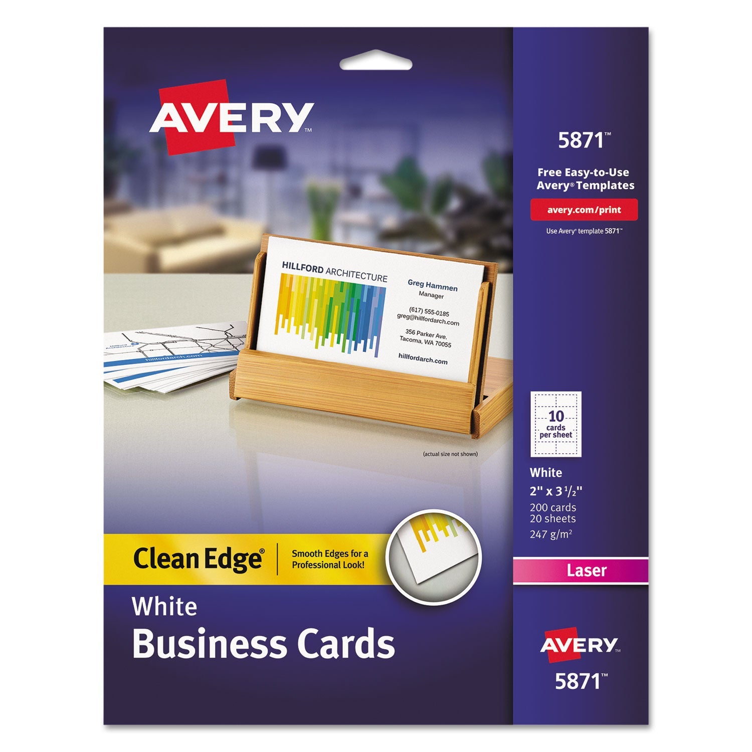 Avery® Clean Edge Business Cards, Laser, 2 X 3.5, White, 200 Cards, 10 Cards/sheet, 20 Sheets/pack