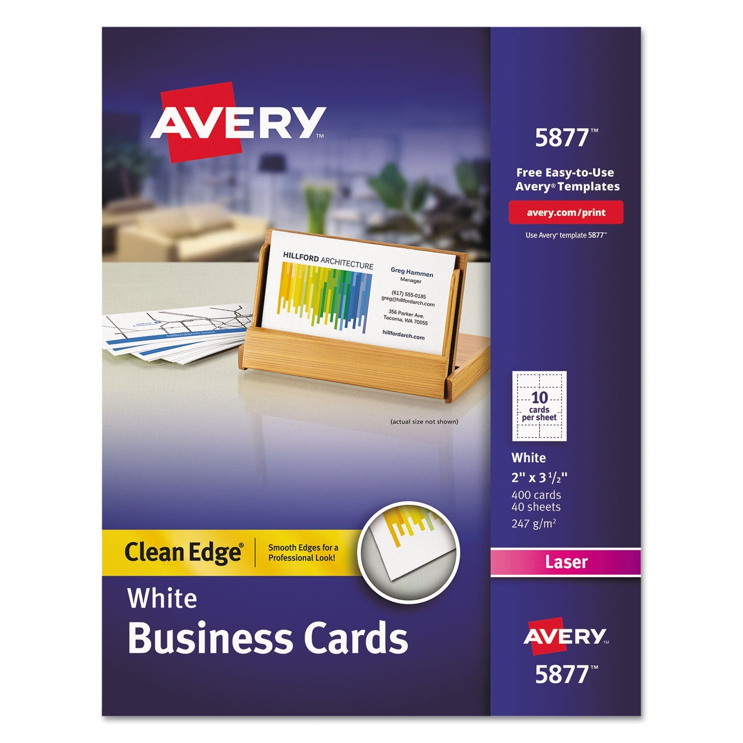 Avery® Clean Edge Business Cards, Laser, 2 X 3.5, White, 400 Cards, 10 Cards/sheet, 40 Sheets/box