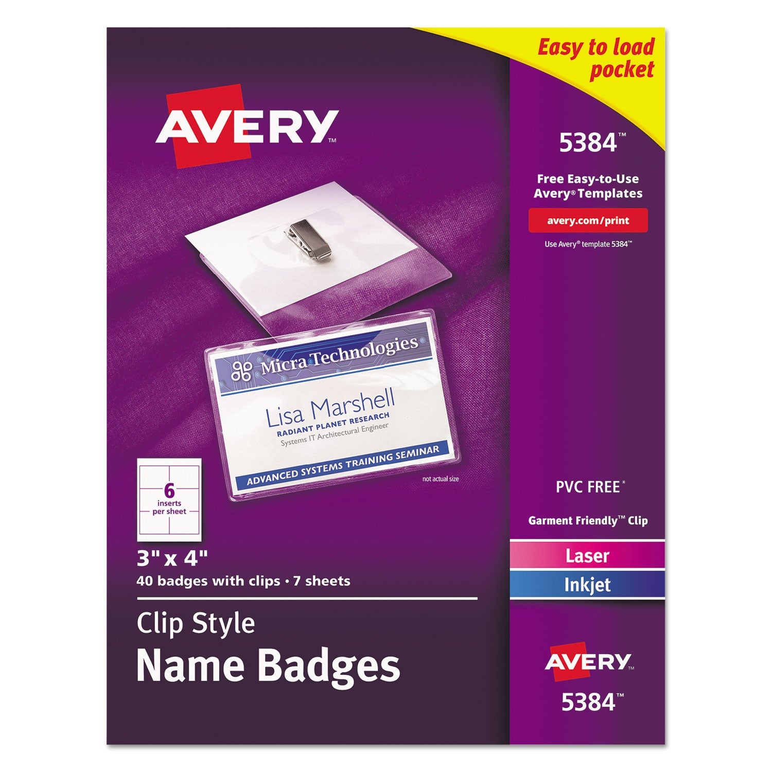 Avery® Clip-Style Name Badge Holder With Laser/inkjet Insert, Top Load, 4 X 3, White, 40/box