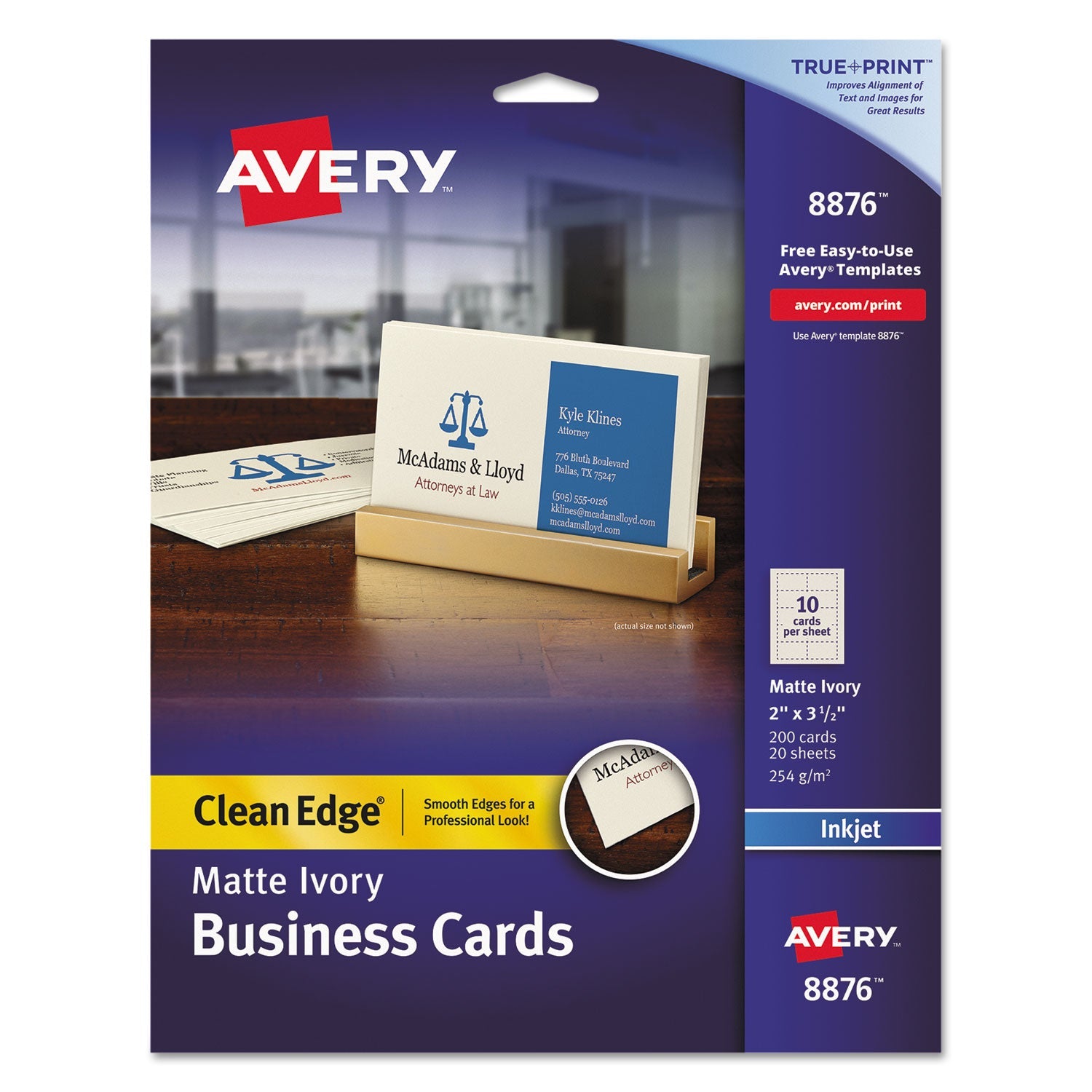 Avery® True Print Clean Edge Business Cards, Inkjet, 2 X 3.5, Ivory, 200 Cards, 10 Cards Sheet, 20 Sheets/pack