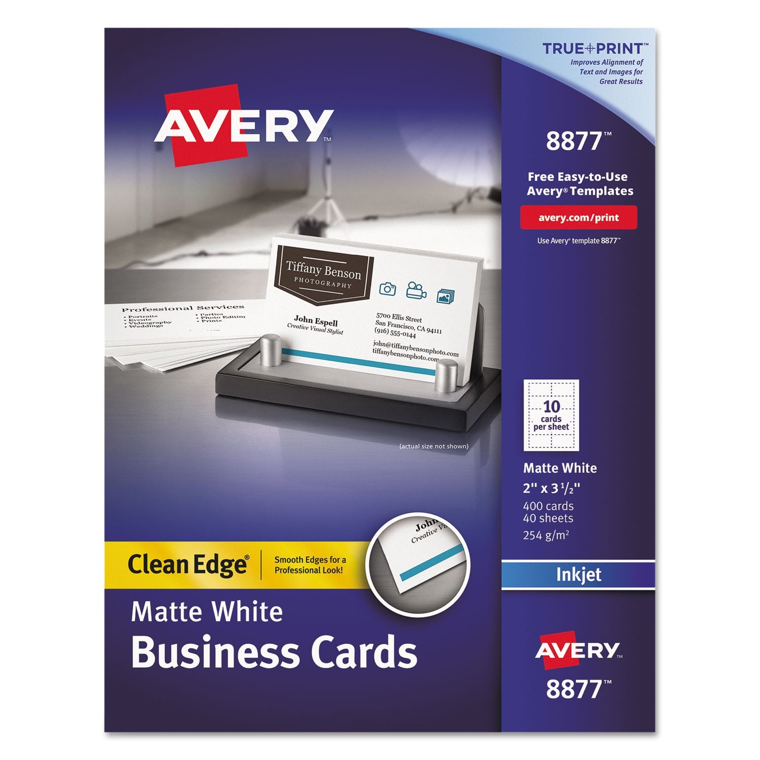 Avery® True Print Clean Edge Business Cards, Inkjet, 2 X 3.5, White, 400 Cards, 10 Cards/sheet, 40 Sheets/box