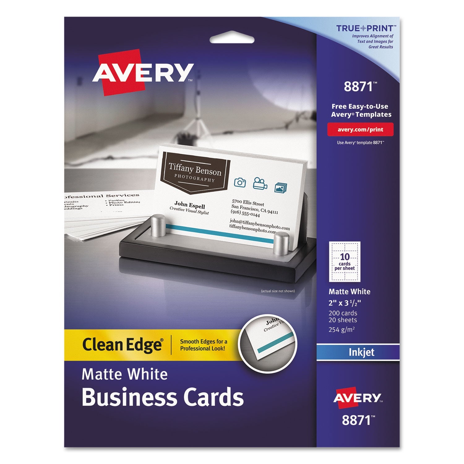 Avery® True Print Clean Edge Business Cards, Inkjet, 2 X 3.5, White, 200 Cards, 10 Cards/sheet, 20 Sheets/pack