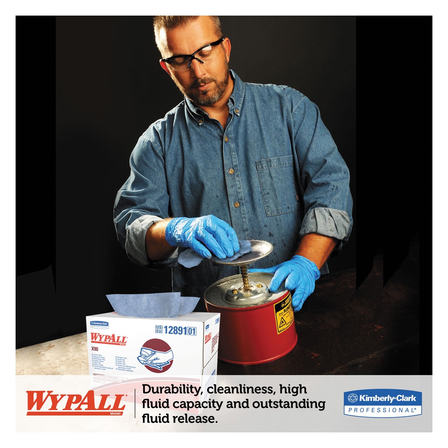 WypAll® X90 Cloths, BRAG Box, 2-Ply, 11.1 x 16.8, Denim Blue, 136/Carton