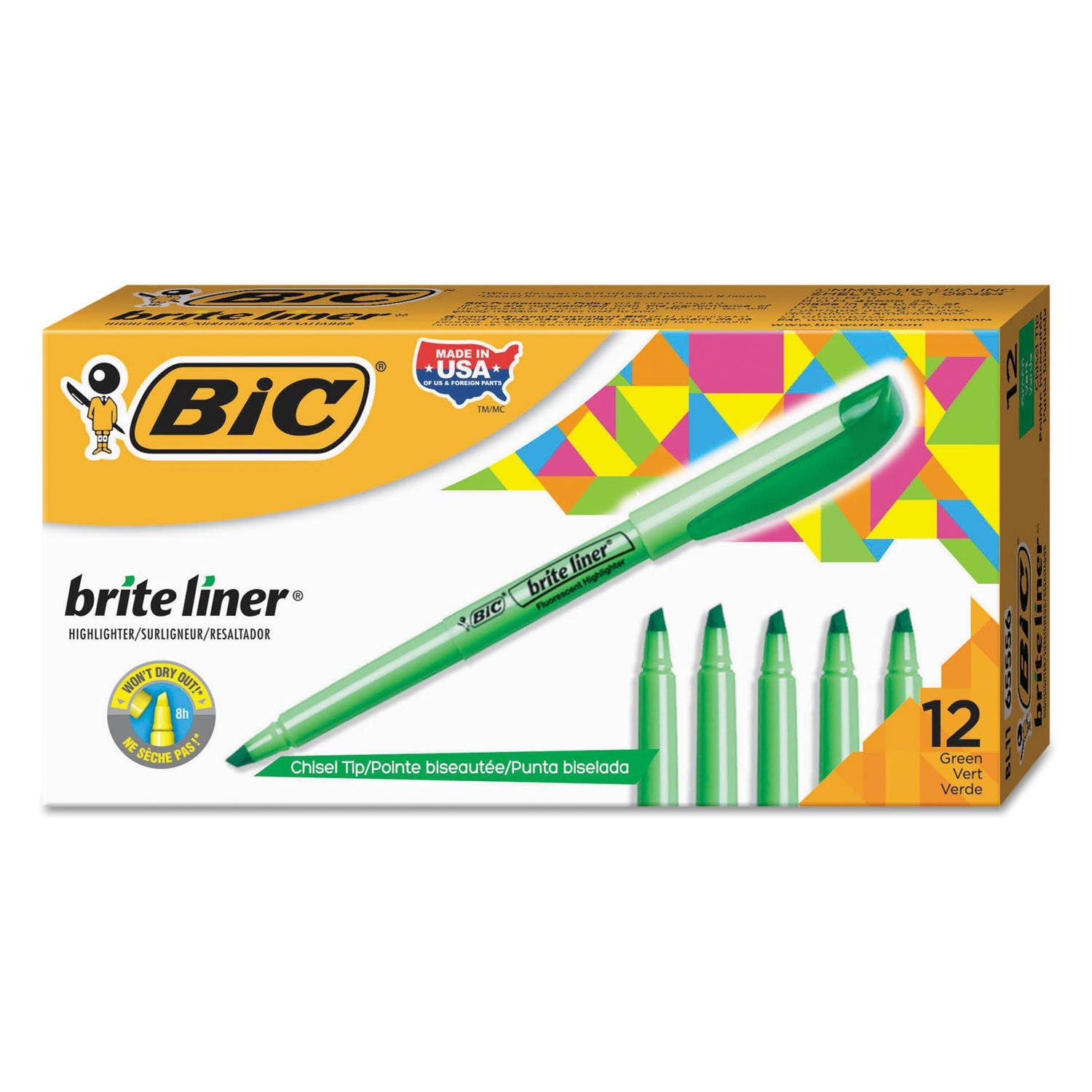 BIC® Brite Liner Highlighter, Fluorescent Green Ink, Chisel Tip, Green/black Barrel, Dozen