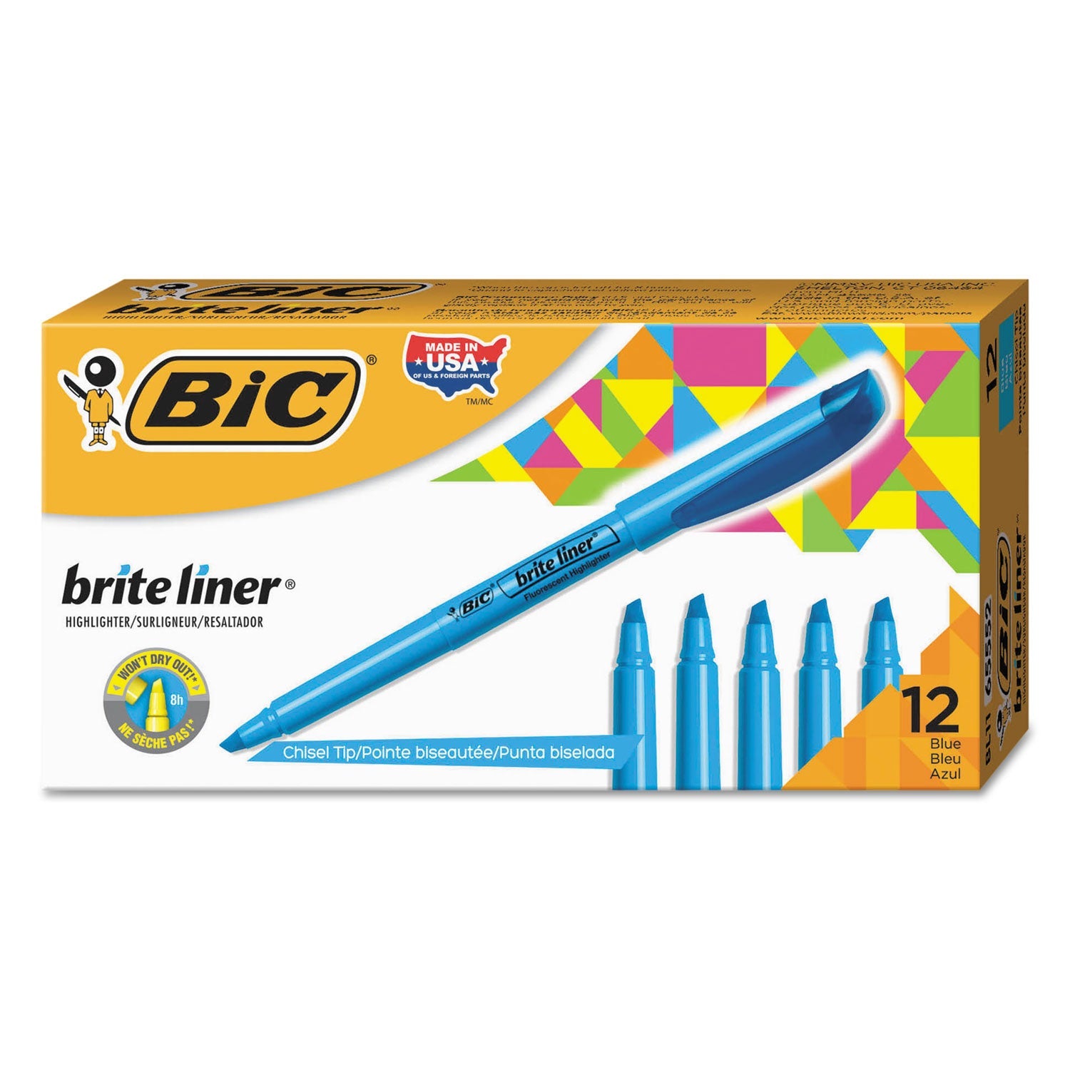 BIC® Brite Liner Highlighter, Fluorescent Blue Ink, Chisel Tip, Blue/black Barrel, Dozen