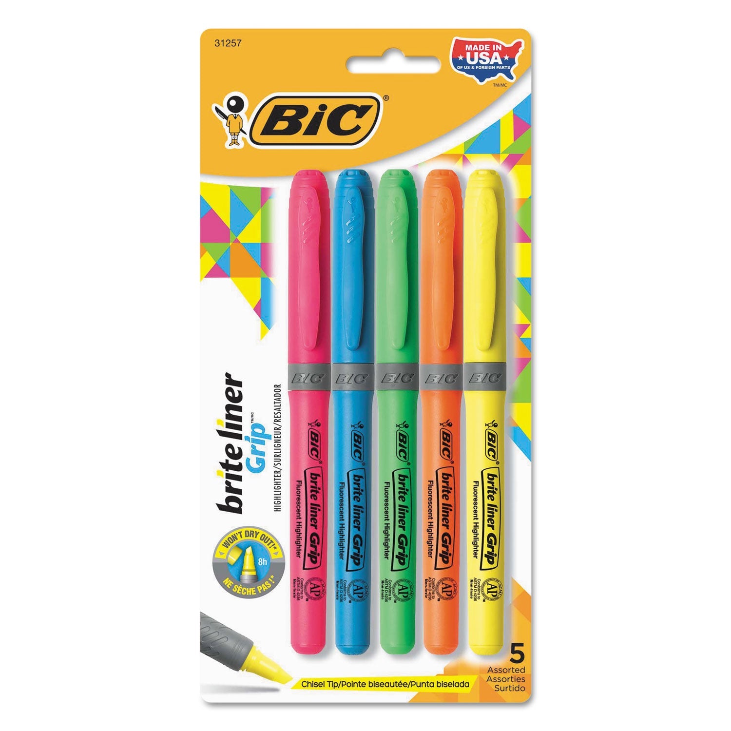 BIC® Brite Liner Grip Pocket Highlighter, Assorted Ink Colors, Chisel Tip, Assorted Barrel Colors, 5/set