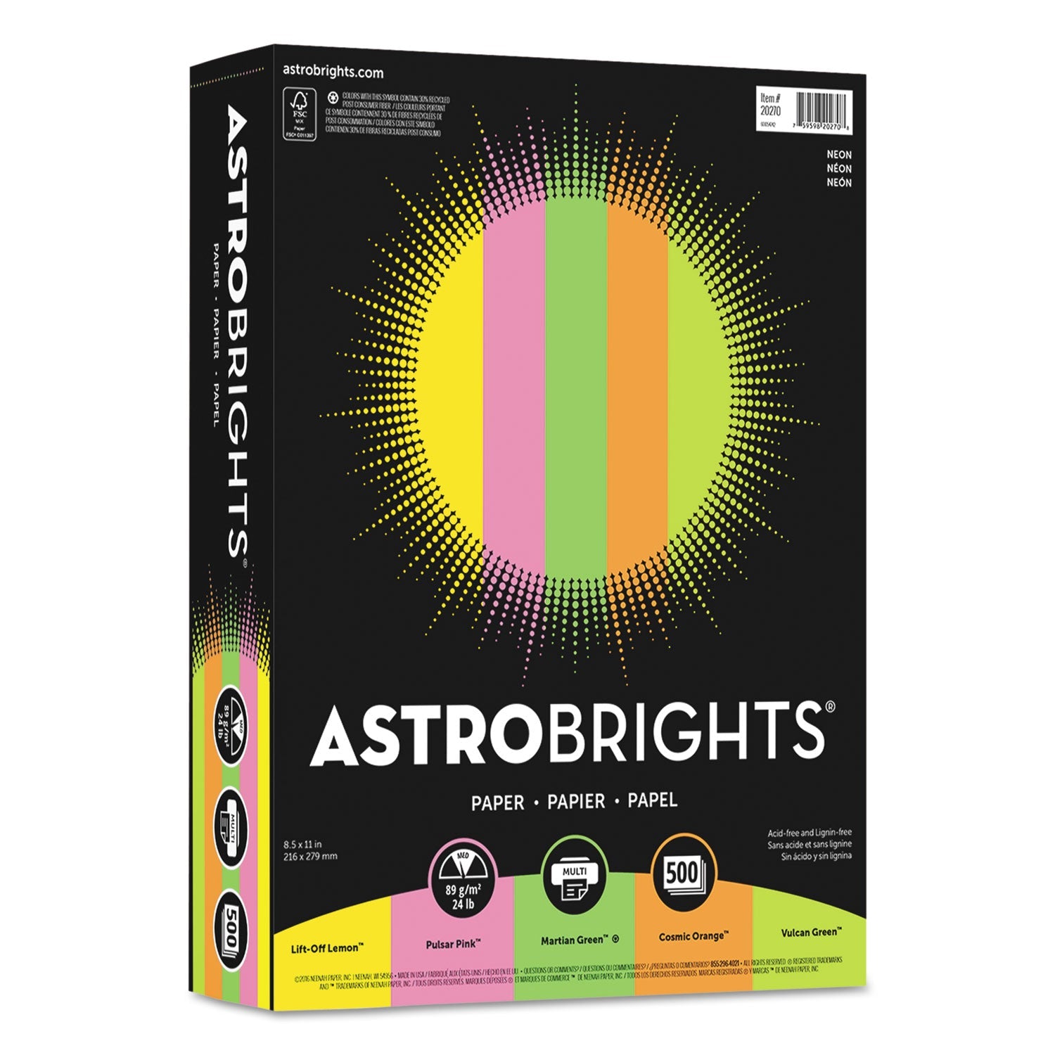 Astrobrights® Color Paper - "Neon" Assortment, 24 lb Bond Weight, 8.5 x 11, Assorted Neon Colors, 500/Ream