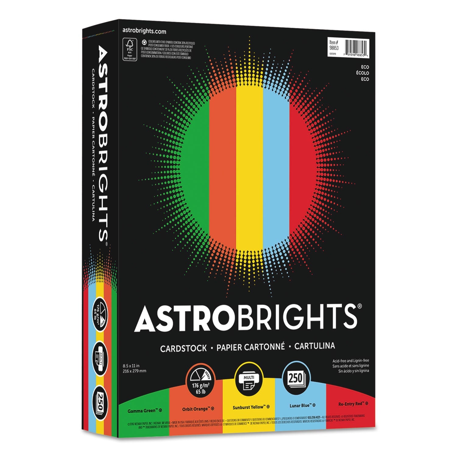 Astrobrights® Color Cardstock -"Eco" Assortment, 65 lb Cover Weight, 8.5 x 11, Assorted, 250/Pack