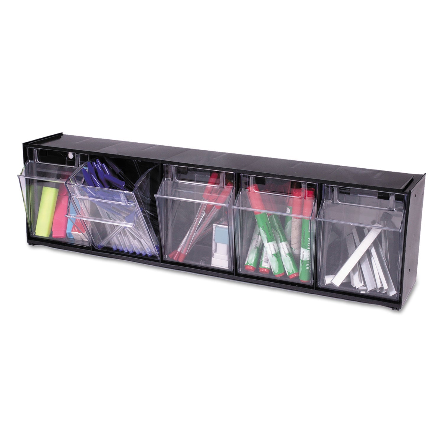 deflecto® Tilt Bin Interlocking Multi-Bin Storage Organizer, 5 Sections, 23.63" X 5.25" X 6.5", Black/clear