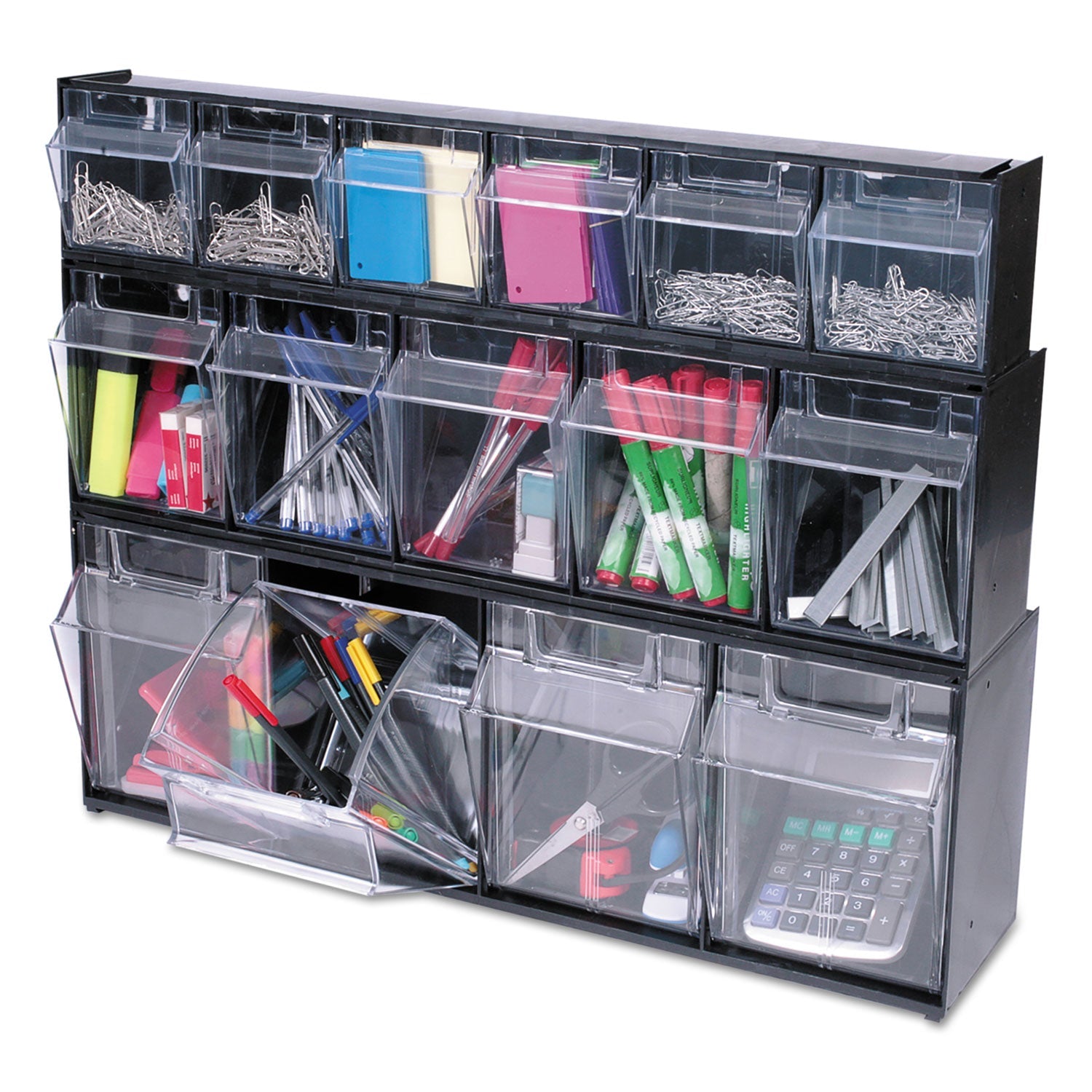 deflecto® Tilt Bin Interlocking Multi-Bin Storage Organizer, 5 Sections, 23.63" X 5.25" X 6.5", Black/clear