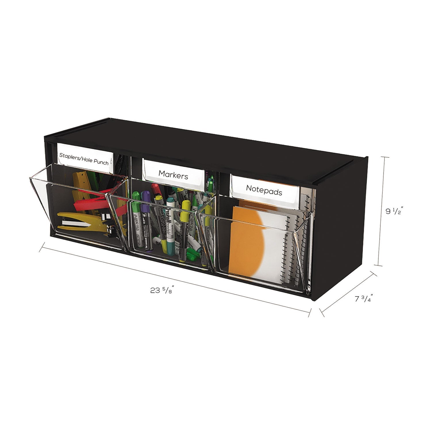 deflecto® Tilt Bin Interlocking Multi-Bin Storage Organizer, 3 Sections, 23.63" X 7.75" X 9.5", Black/clear