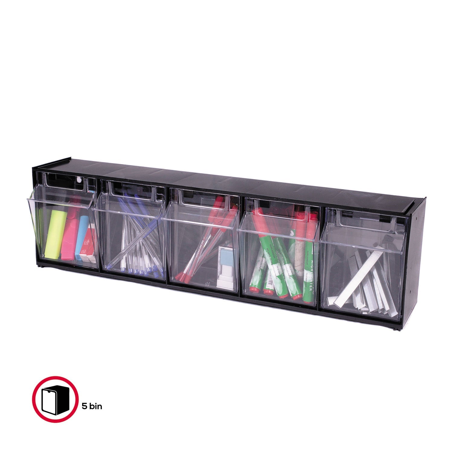 deflecto® Tilt Bin Interlocking Multi-Bin Storage Organizer, 5 Sections, 23.63" X 5.25" X 6.5", Black/clear