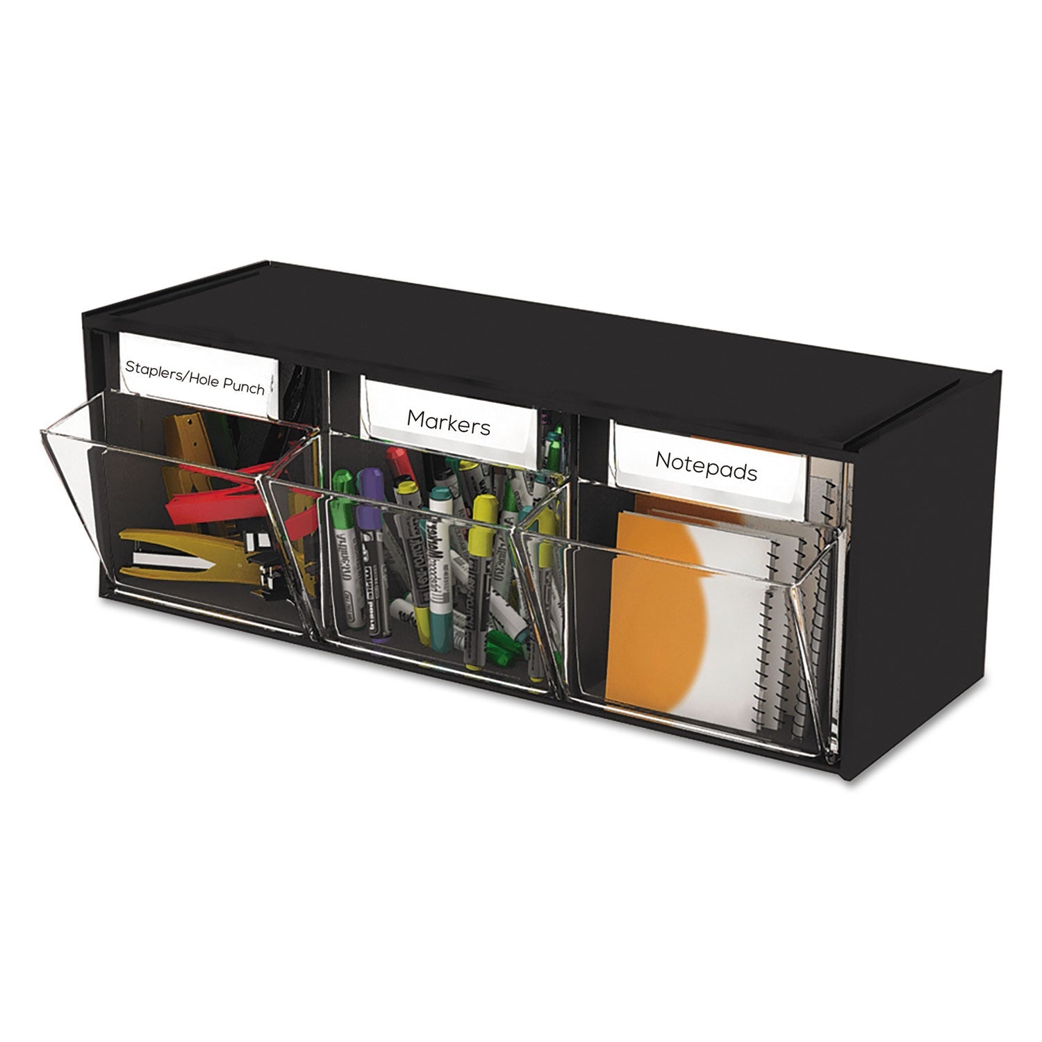 deflecto® Tilt Bin Interlocking Multi-Bin Storage Organizer, 3 Sections, 23.63" X 7.75" X 9.5", Black/clear