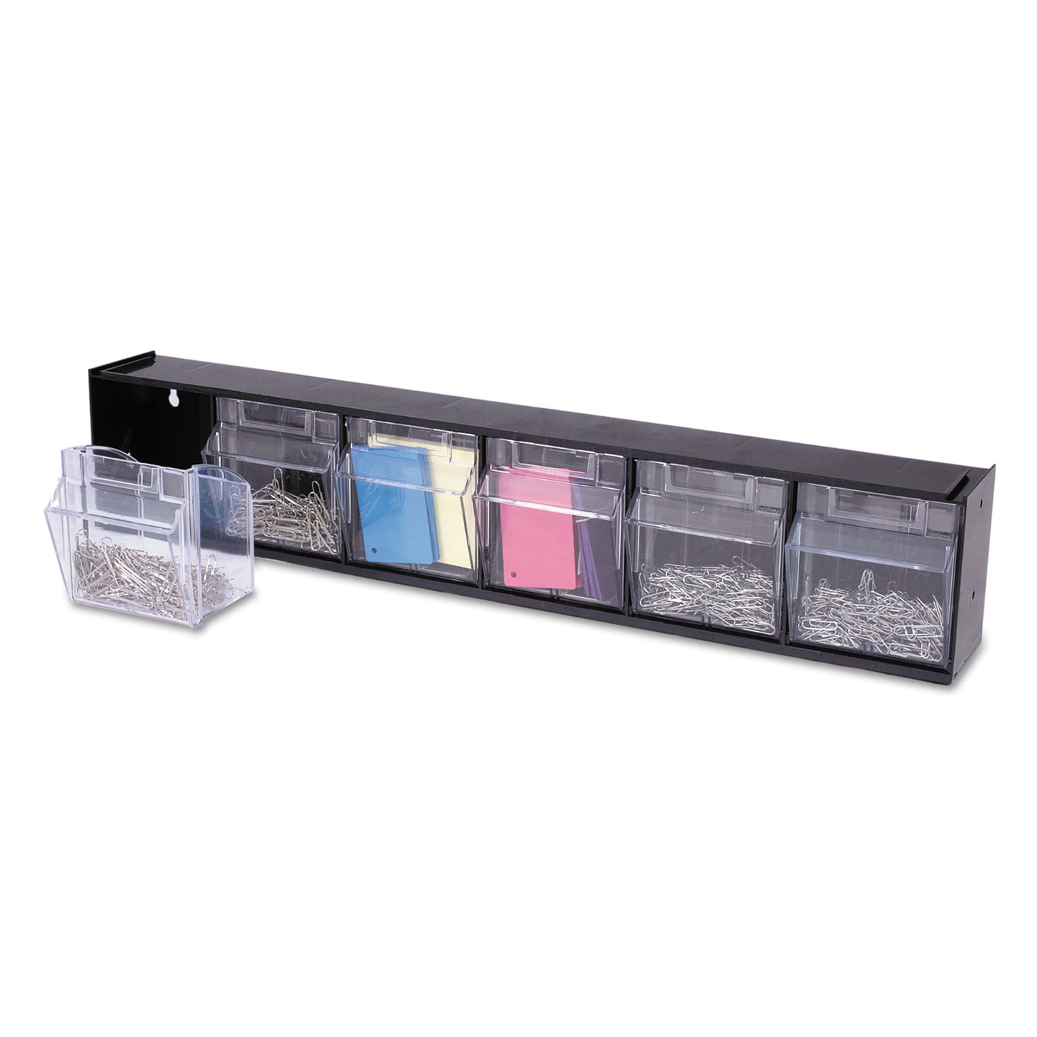 deflecto® Tilt Bin Interlocking Multi-Bin Storage Organizer, 6 Sections, 23.63" X 3.63" X 4.5", Black/clear
