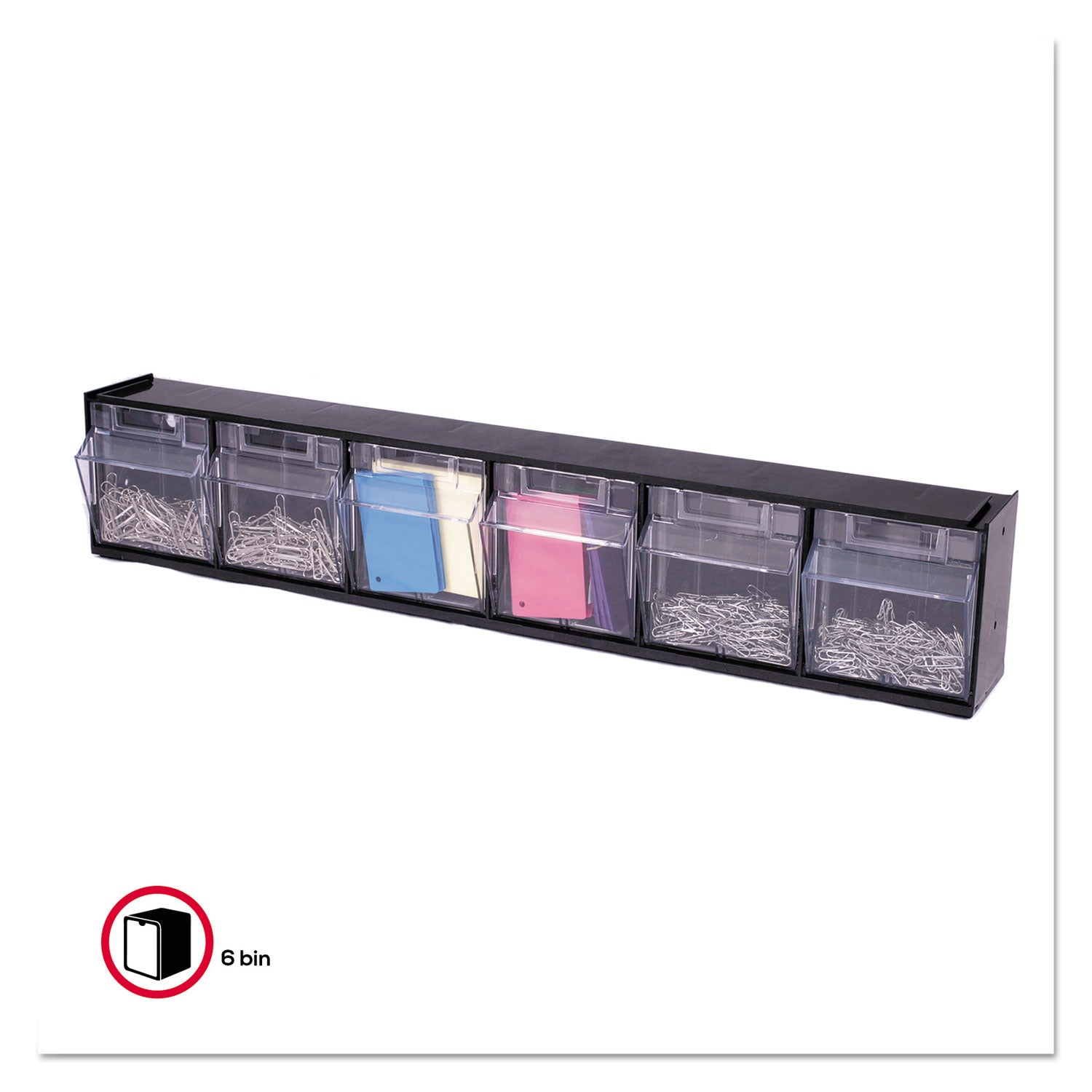 deflecto® Tilt Bin Interlocking Multi-Bin Storage Organizer, 6 Sections, 23.63" X 3.63" X 4.5", Black/clear