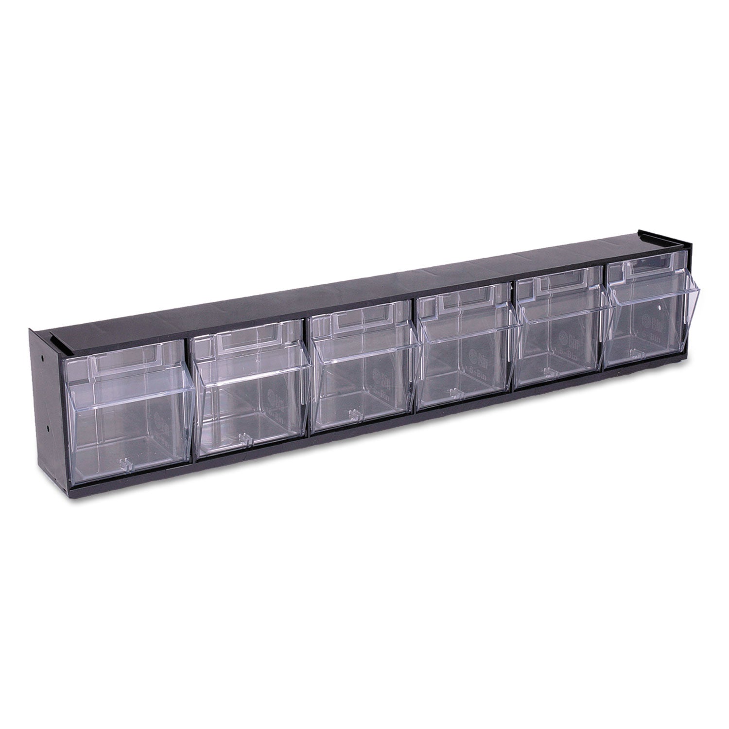 deflecto® Tilt Bin Interlocking Multi-Bin Storage Organizer, 6 Sections, 23.63" X 3.63" X 4.5", Black/clear