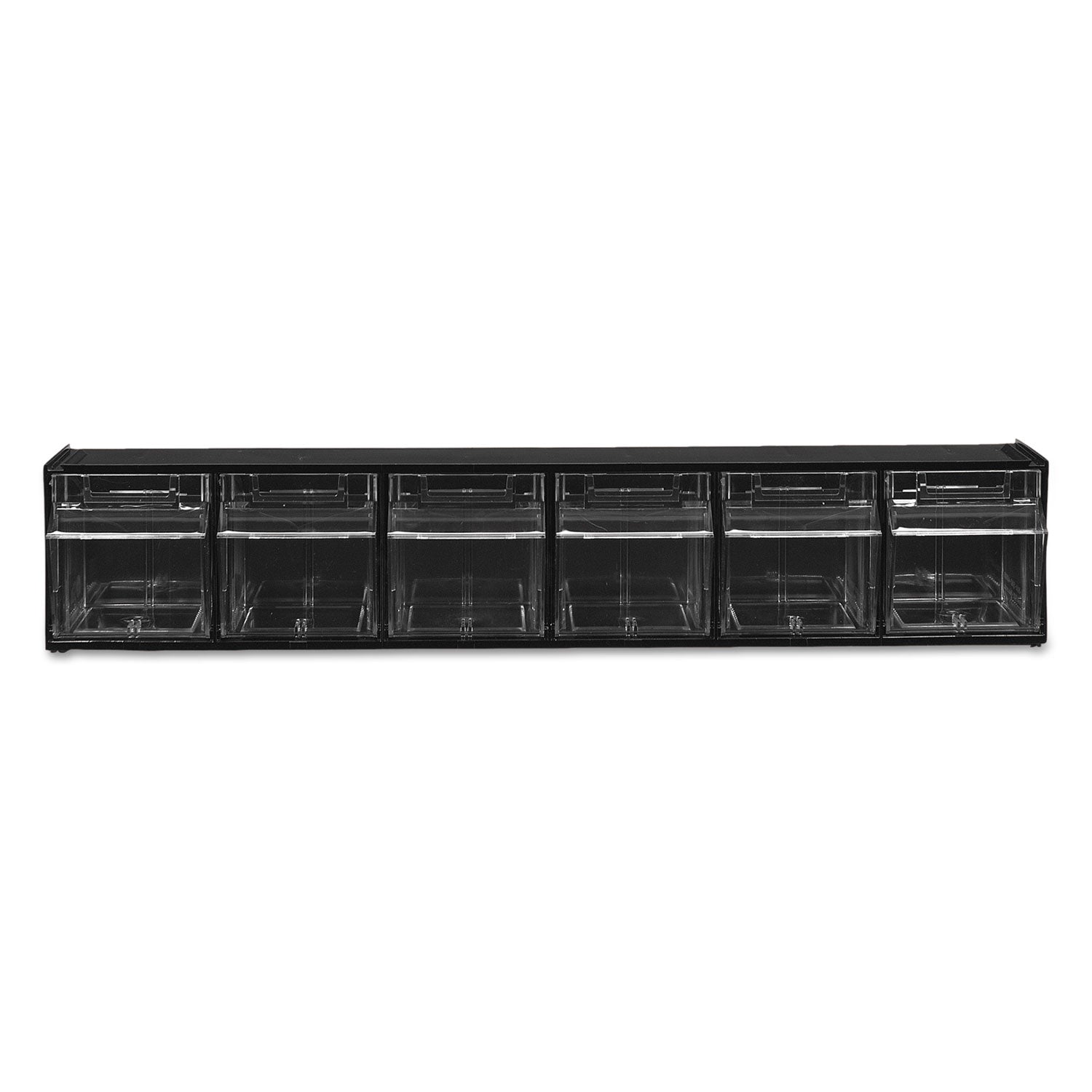 deflecto® Tilt Bin Interlocking Multi-Bin Storage Organizer, 6 Sections, 23.63" X 3.63" X 4.5", Black/clear