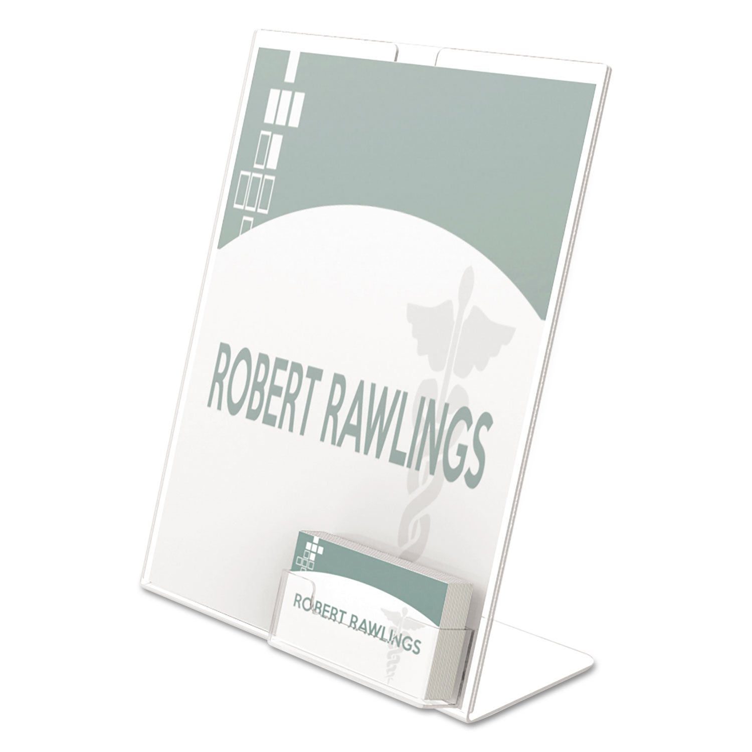 deflecto® Superior Image Slanted Sign Holder with Business Card Holder, 8.5w x 4.5d x 11h, Clear