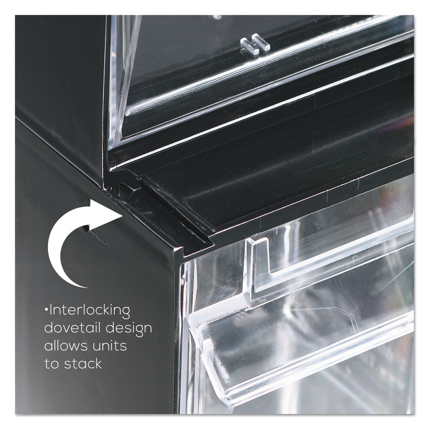 deflecto® Tilt Bin Interlocking Multi-Bin Storage Organizer, 6 Sections, 23.63" X 3.63" X 4.5", Black/clear