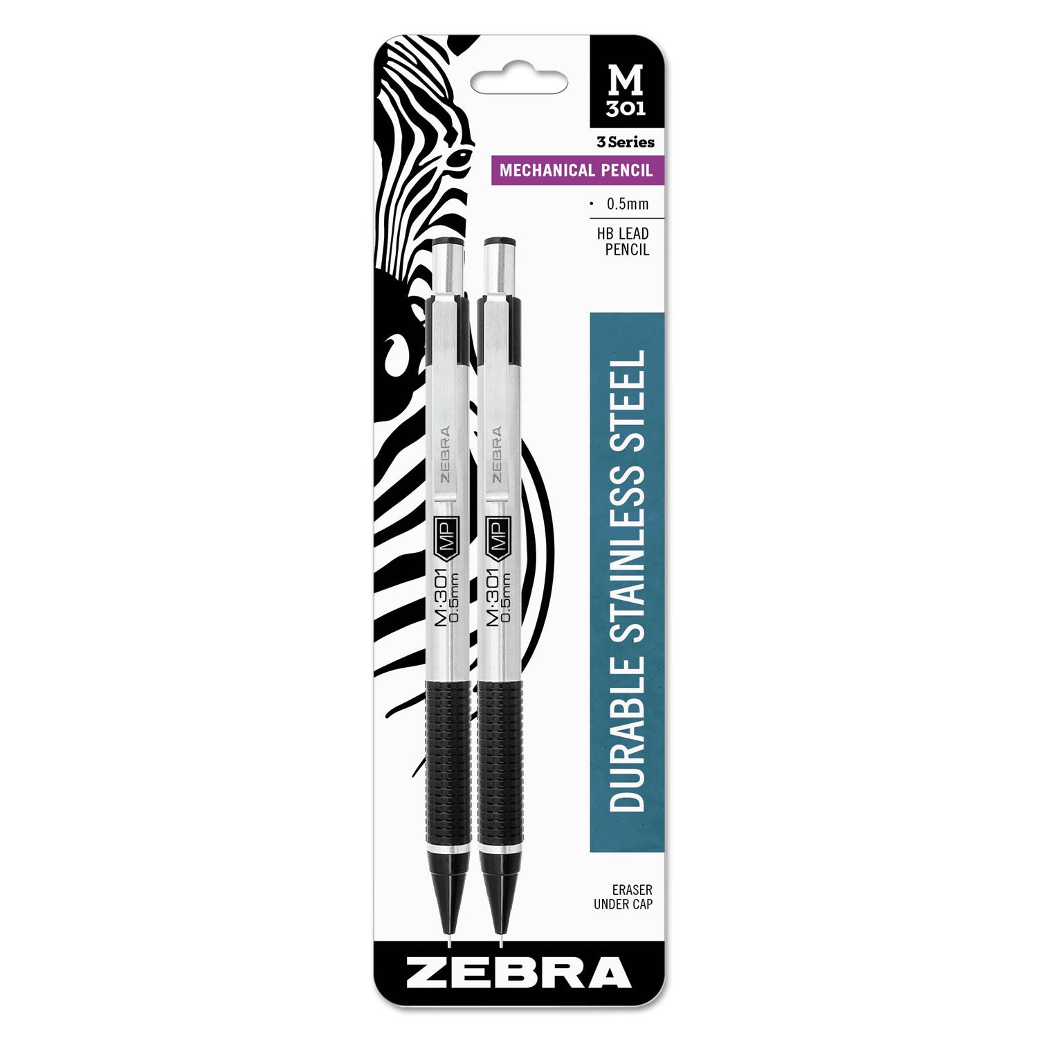 Zebra® M-301 Mechanical Pencil, 0.5 mm, HB (#2), Black Lead, Silver/Black Barrel, 2/Pack