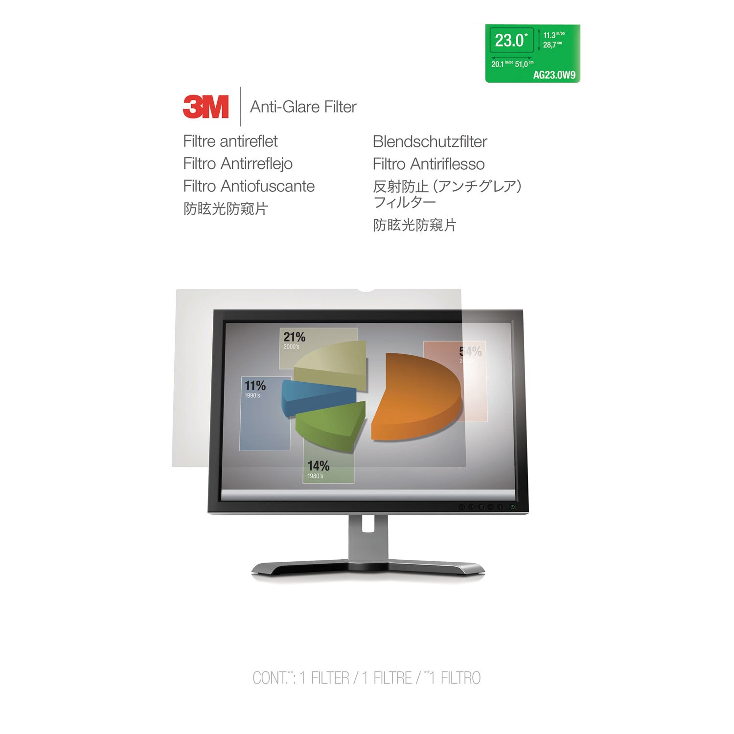 3M™ Antiglare Frameless Filter for 23" Widescreen Flat Panel Monitor, 16:9 Aspect Ratio