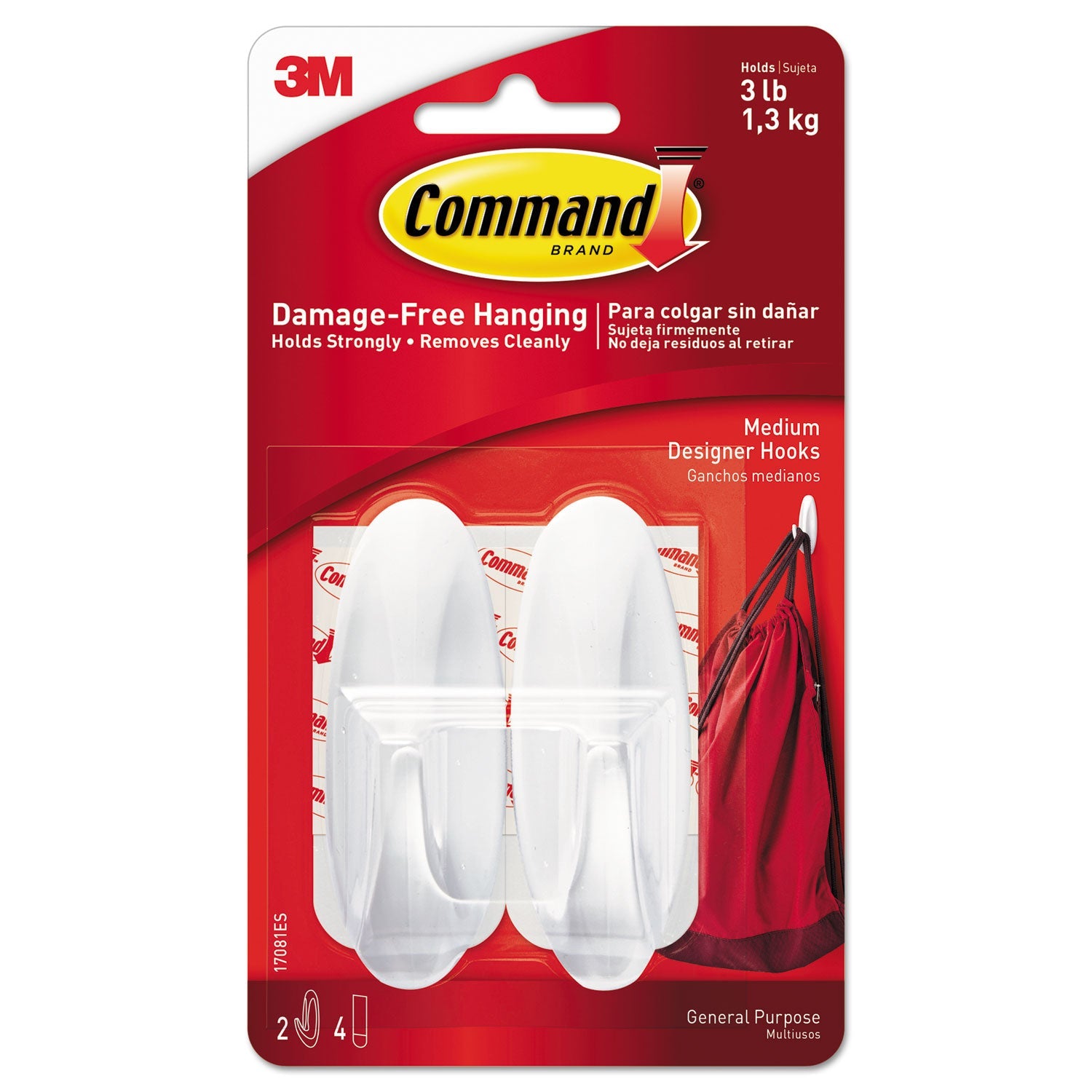 Command™ General Purpose Designer Hooks, Medium, Plastic, White, 3 lb Capacity, 2 Hooks and 4 Strips/Pack