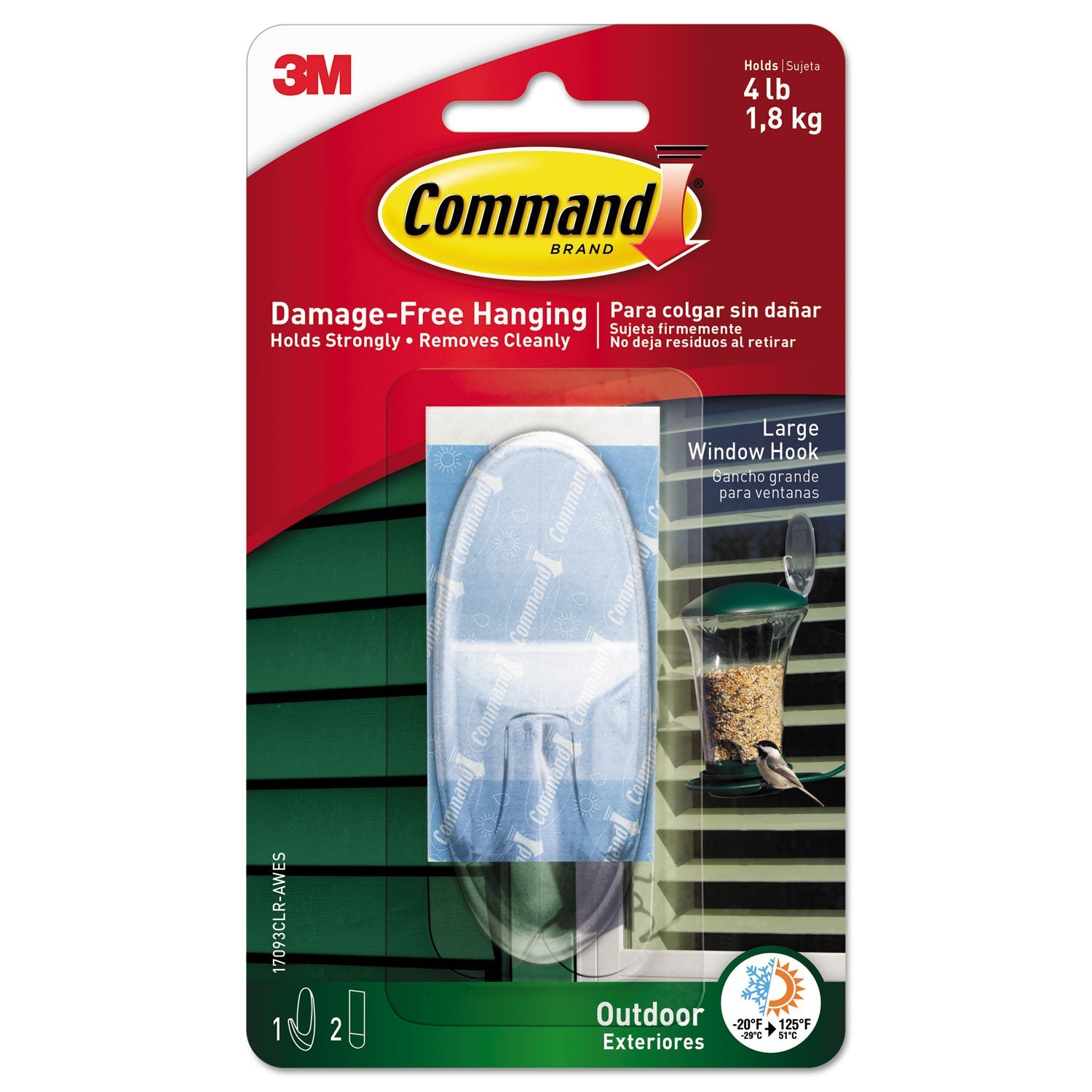 Command™ All Weather Hooks and Strips, Large, Plastic, Clear, 4 lb Capacity, 1 Hook and 2 Strips/Pack