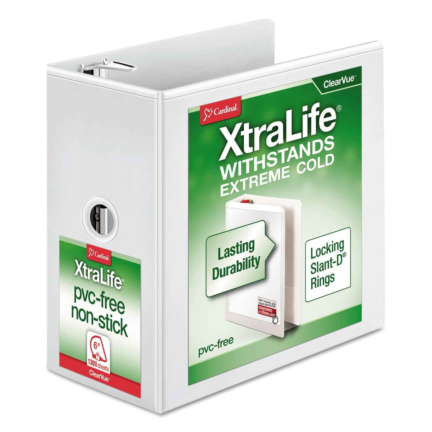 Cardinal® XtraLife ClearVue Non-Stick Slant-D Ring Binder, 3 Rings, 6" Capacity, 11 x 8.5, White