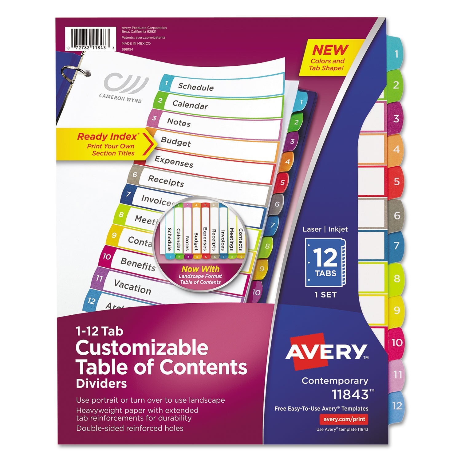 Avery® Customizable TOC Ready Index Multicolor Tab Dividers, 12-Tab, 1 to 12, 11 x 8.5, White, Contemporary Color Tabs, 1 Set