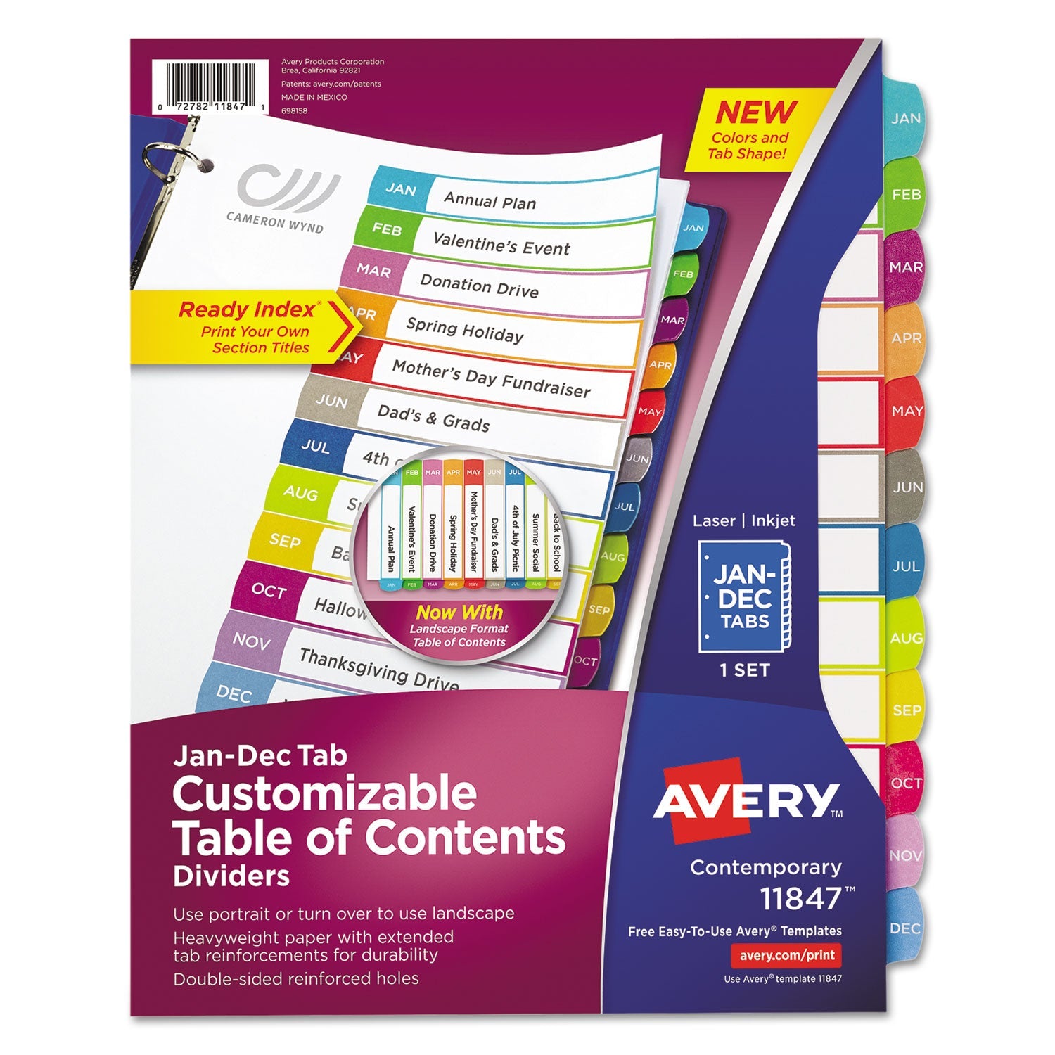 Avery® Customizable TOC Ready Index Multicolor Tab Dividers, 12-Tab, Jan. to Dec., 11 x 8.5, White, Contemporary Color Tabs, 1 Set