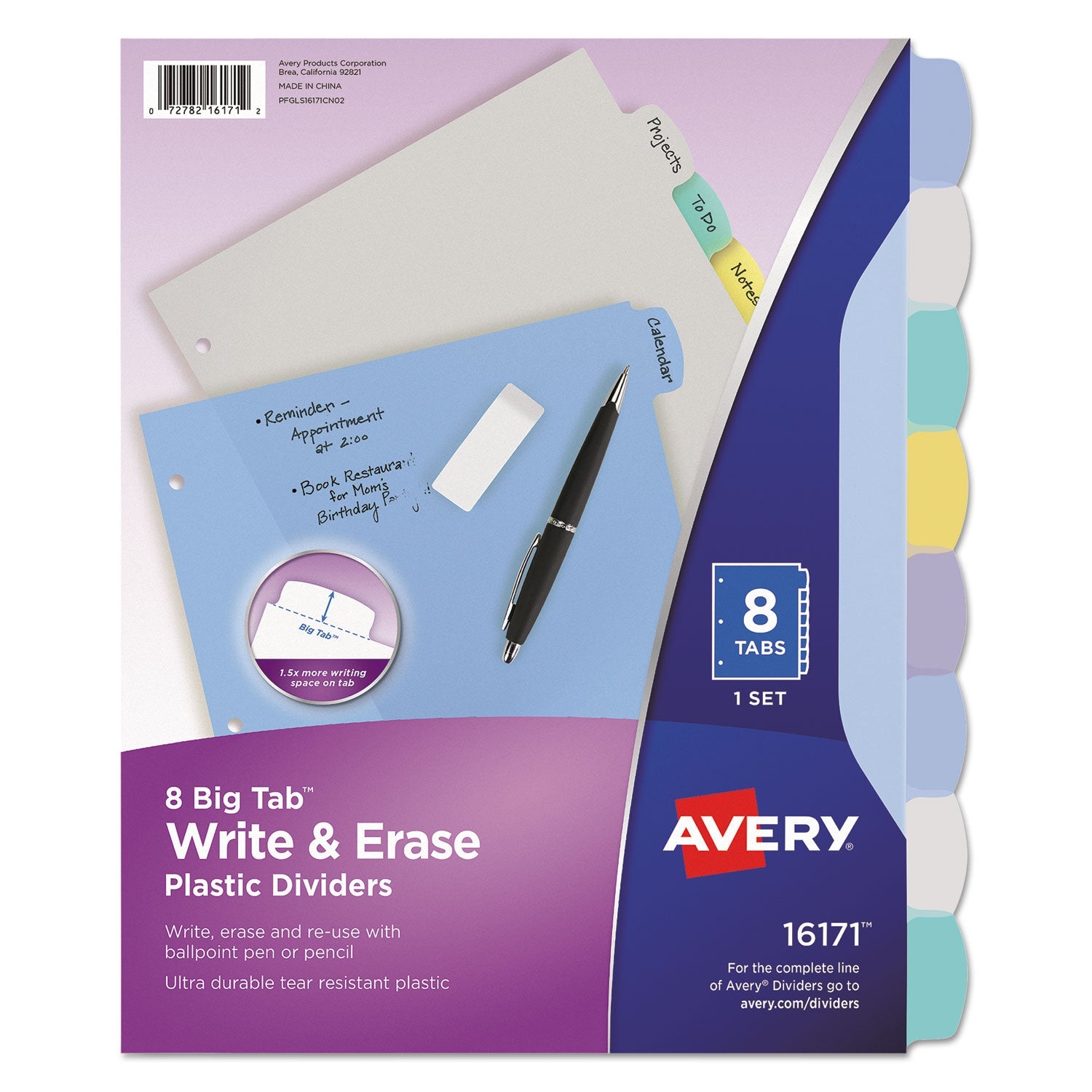 Avery® Write and Erase Big Tab Durable Plastic Dividers, 3-Hole Punched, 8-Tab, 11 x 8.5, Assorted, 1 Set