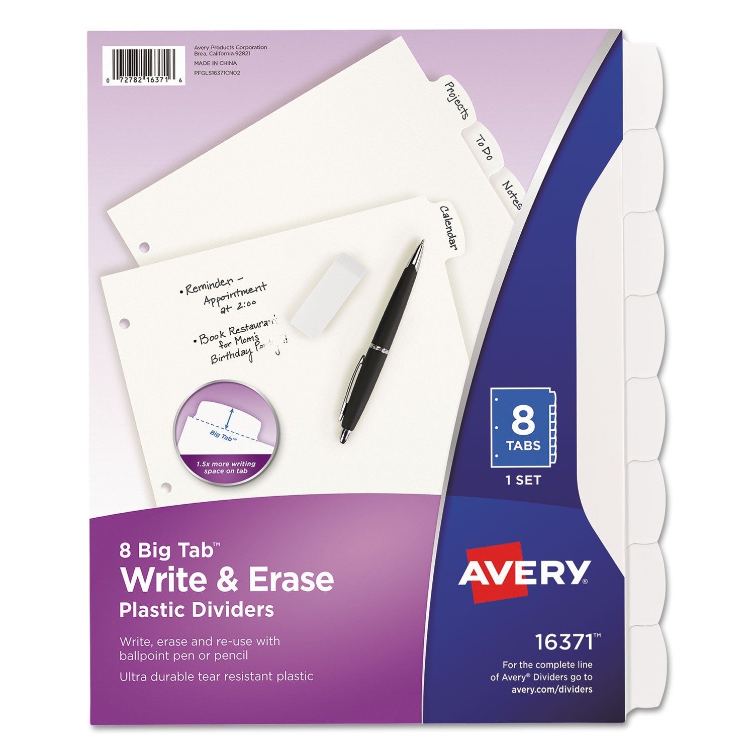 Avery® Write and Erase Big Tab Durable Plastic Dividers, 3-Hole Punched, 8-Tab, 11 x 8.5, White, 1 Set