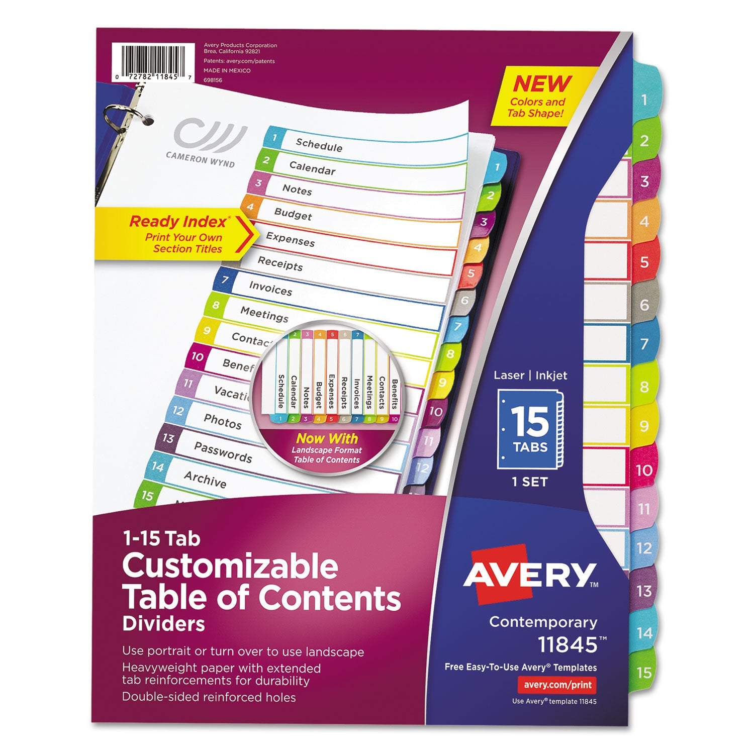 Avery® Customizable TOC Ready Index Multicolor Tab Dividers, 15-Tab, 1 to 15, 11 x 8.5, White, Contemporary Color Tabs, 1 Set