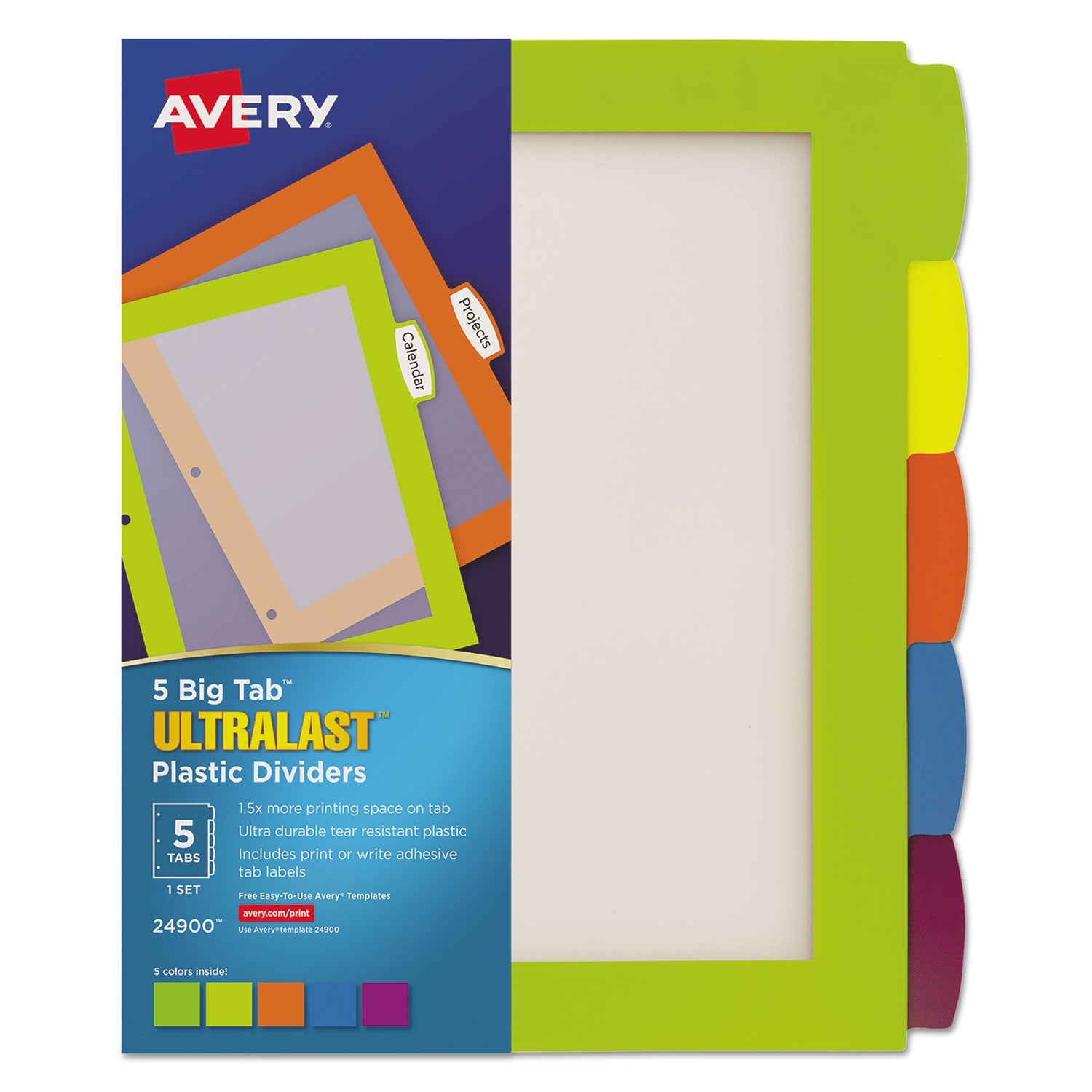 Avery® Big Tab Ultralast Plastic Dividers, 5-Tab, 11 X 8.5, Assorted, 1 Set