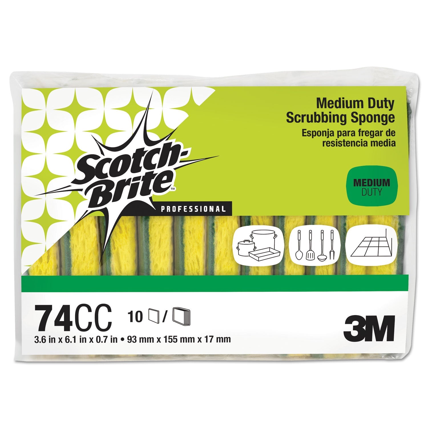 Scotch-Brite™ PROFESSIONAL Medium-Duty Scrubbing Sponge, 3.6 X 6.1, 0.7" Thick, Yellow/green, 10/pack