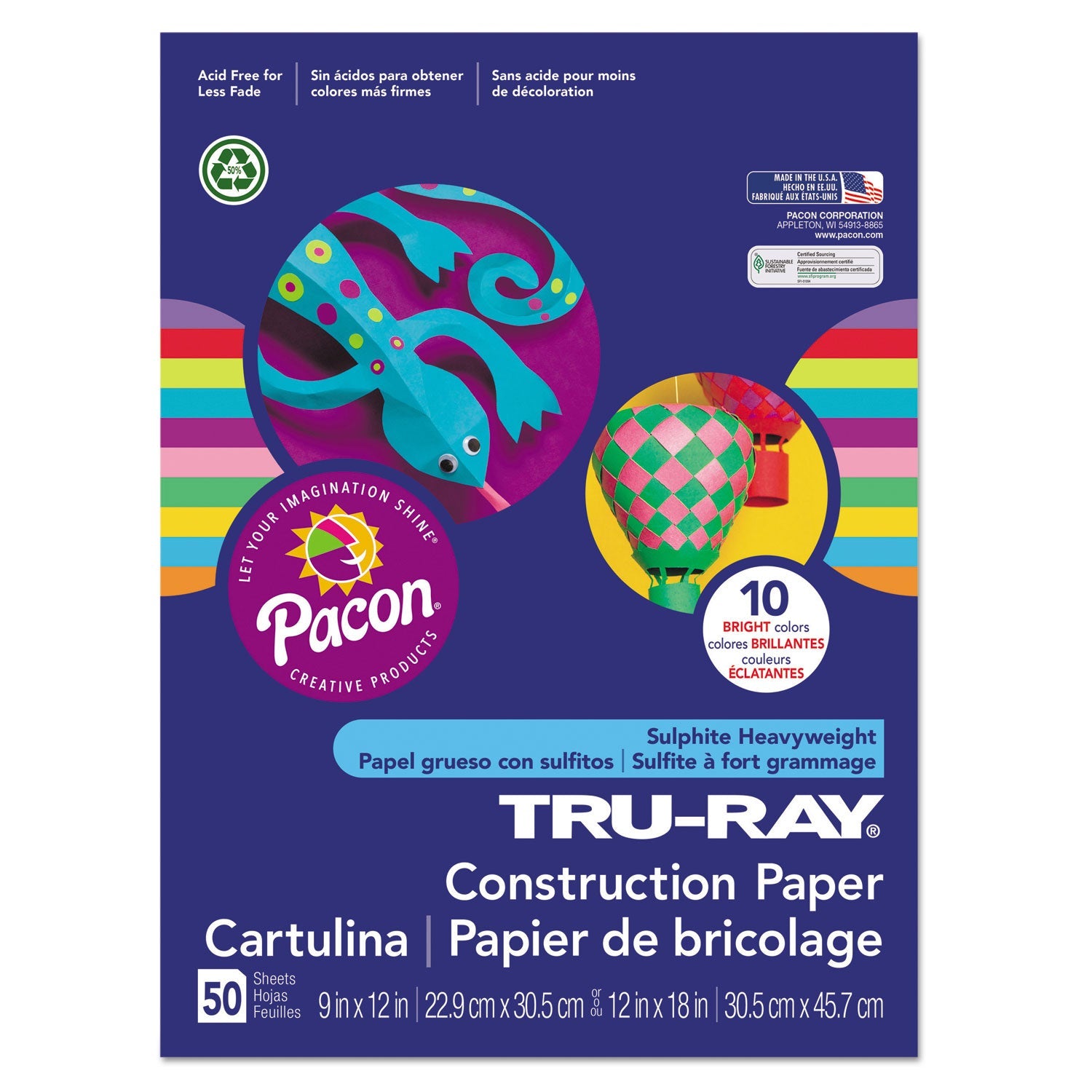 Pacon® Tru-Ray Construction Paper, 76 lb Text Weight, 9 x 12, Assorted Bright Colors, 50/Pack