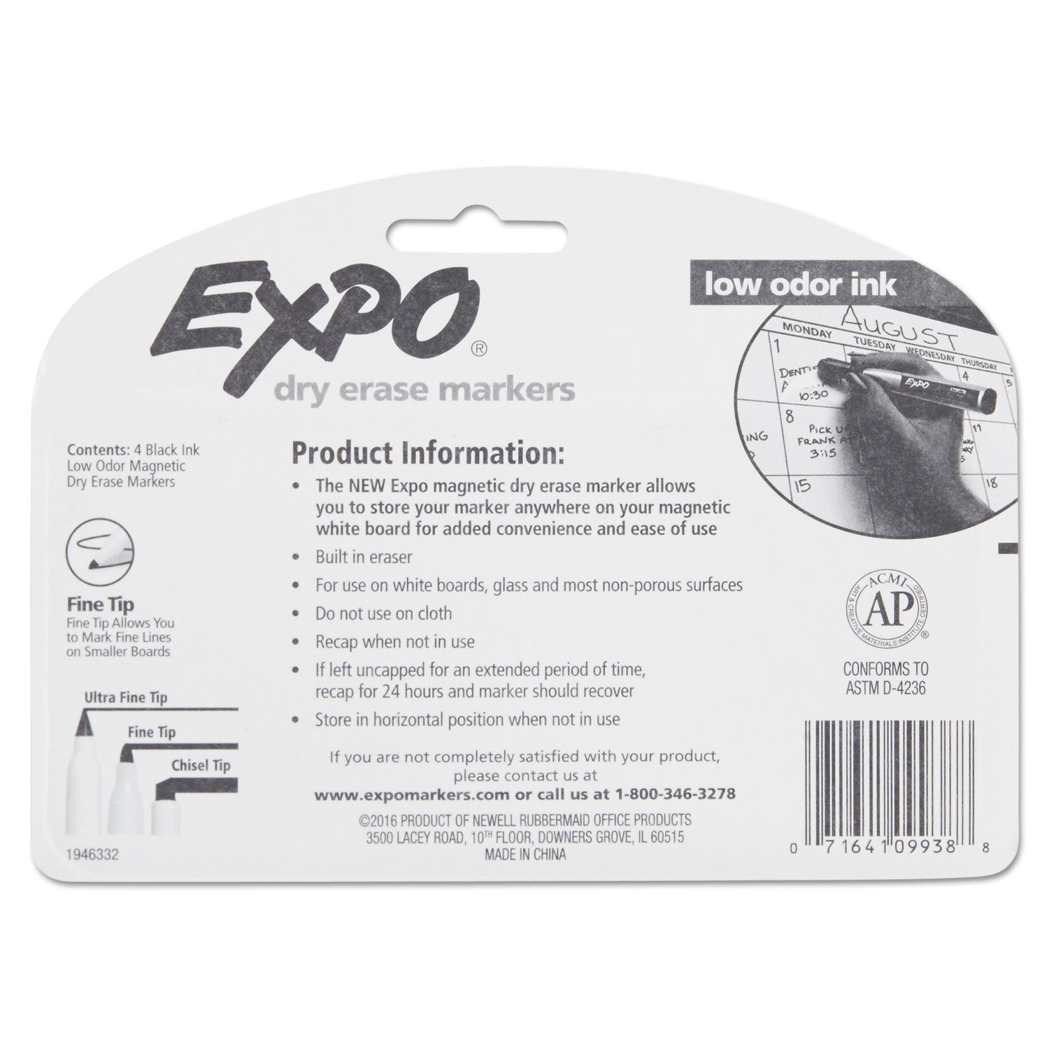 EXPO® Magnetic Dry Erase Marker, Fine Bullet Tip, Black, 4/pack